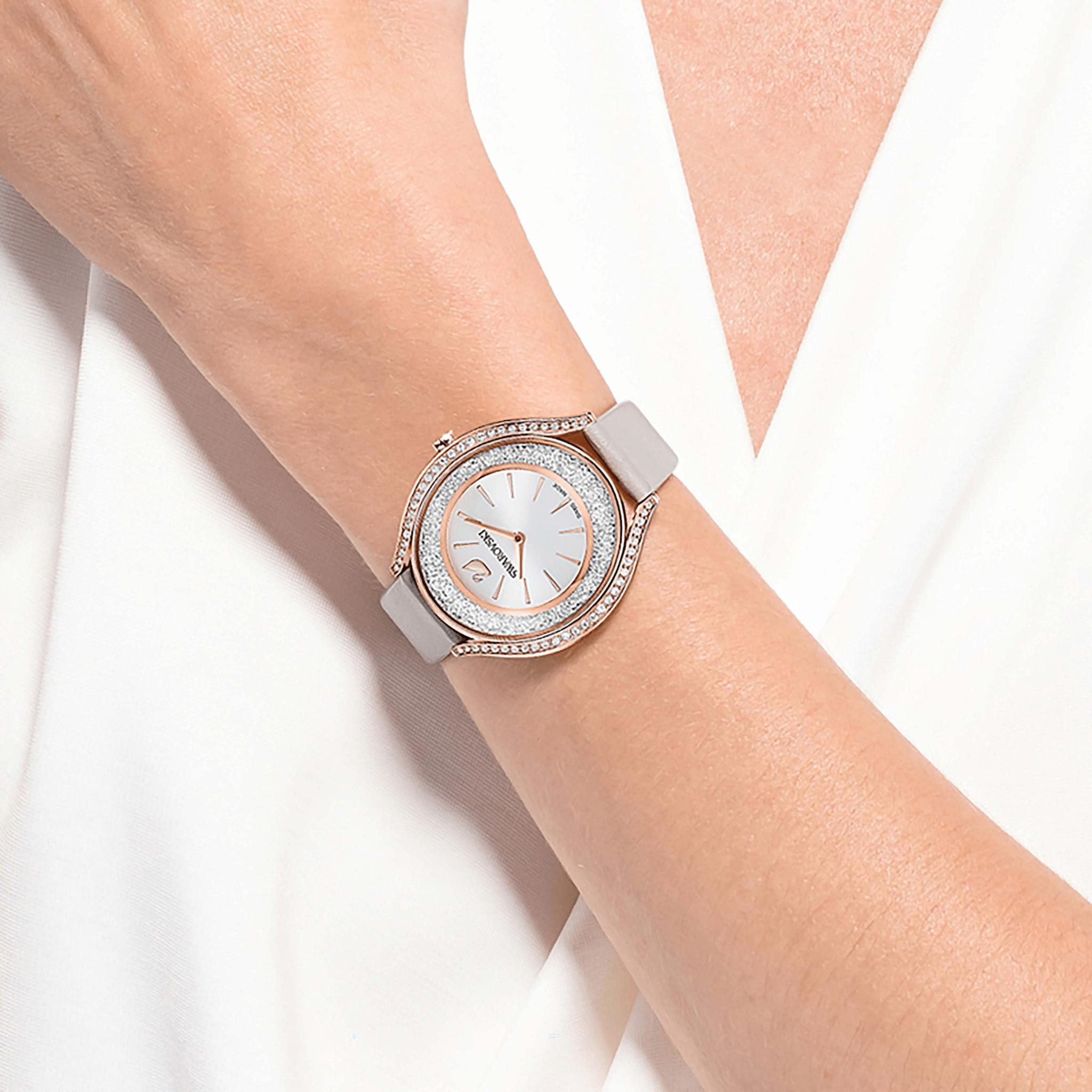 Crystalline Aura Watch, Leather Strap, Gray, Rose-Gold Tone Pvd -Swarovski