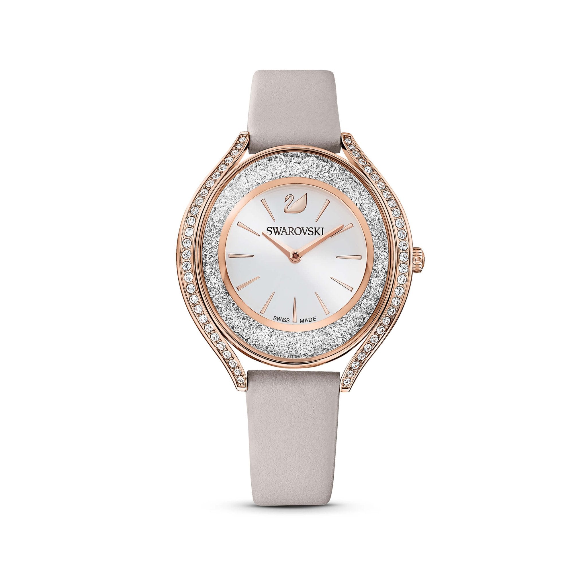 Crystalline Aura Watch, Leather Strap, Gray, Rose-Gold Tone Pvd -Swarovski