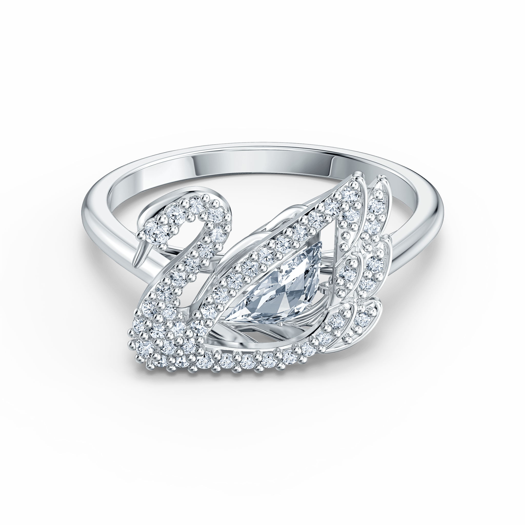 Dancing Swan Ring, White, Rhodium Plated -Swarovski