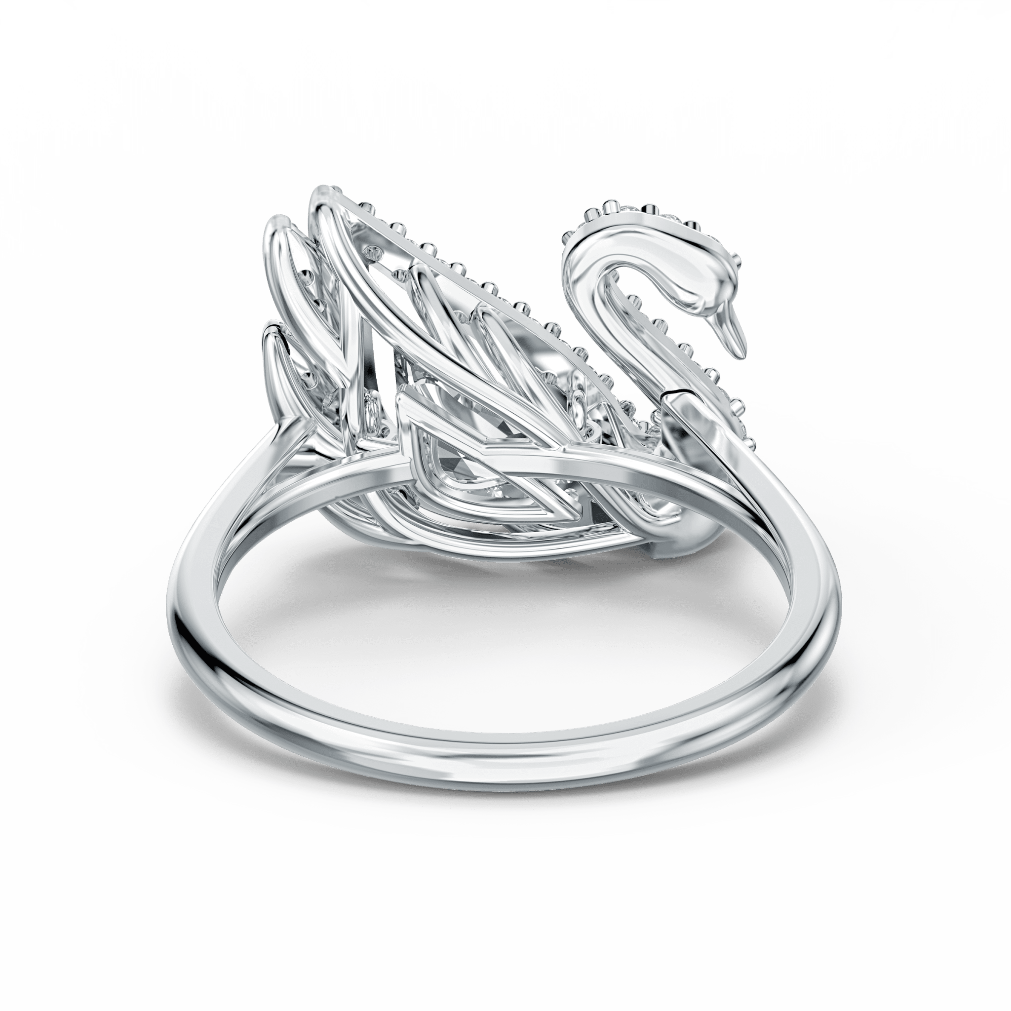 Dancing Swan Ring, White, Rhodium Plated -Swarovski