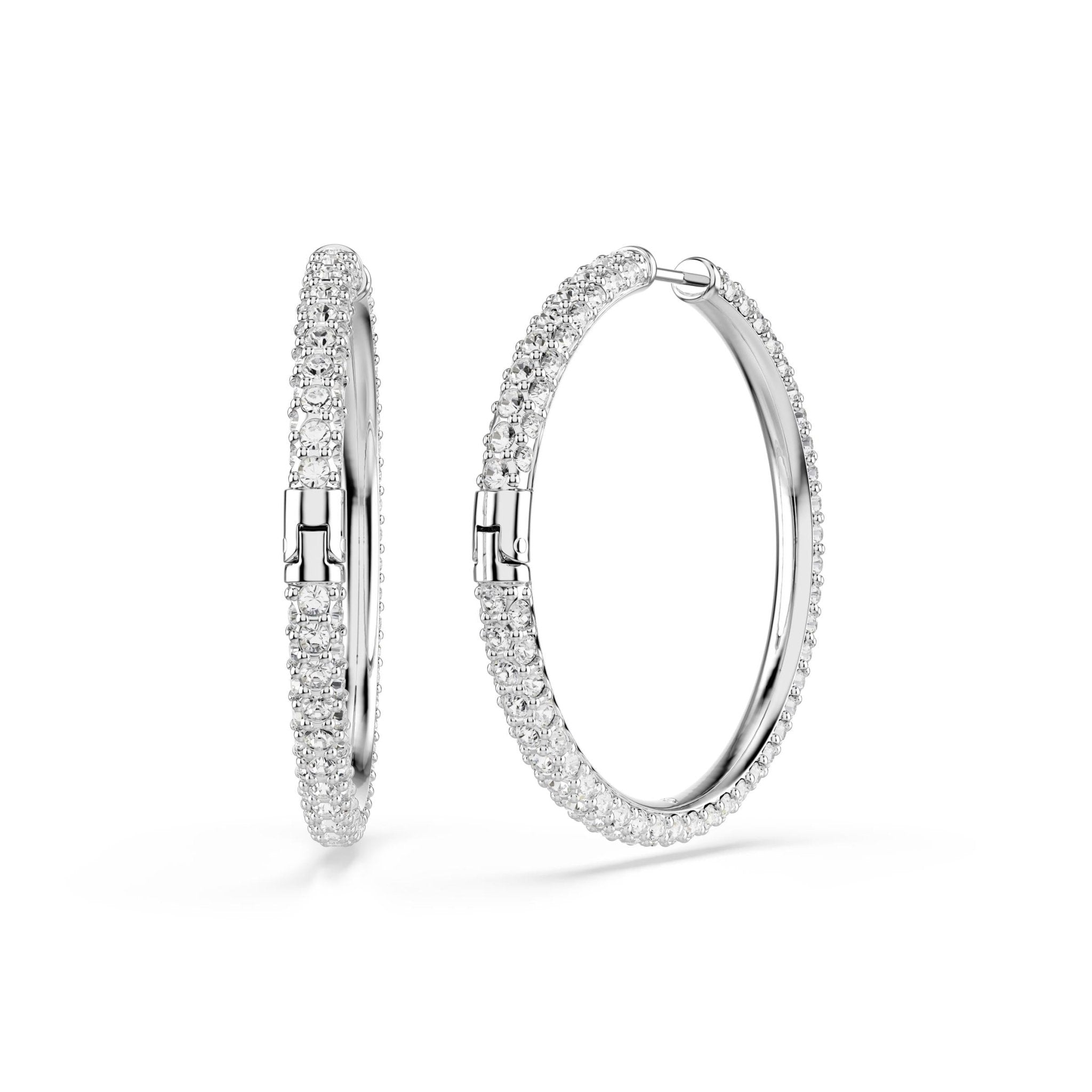 Dextera hoop earrings, Round cut, White, Rhodium plated -Swarovski