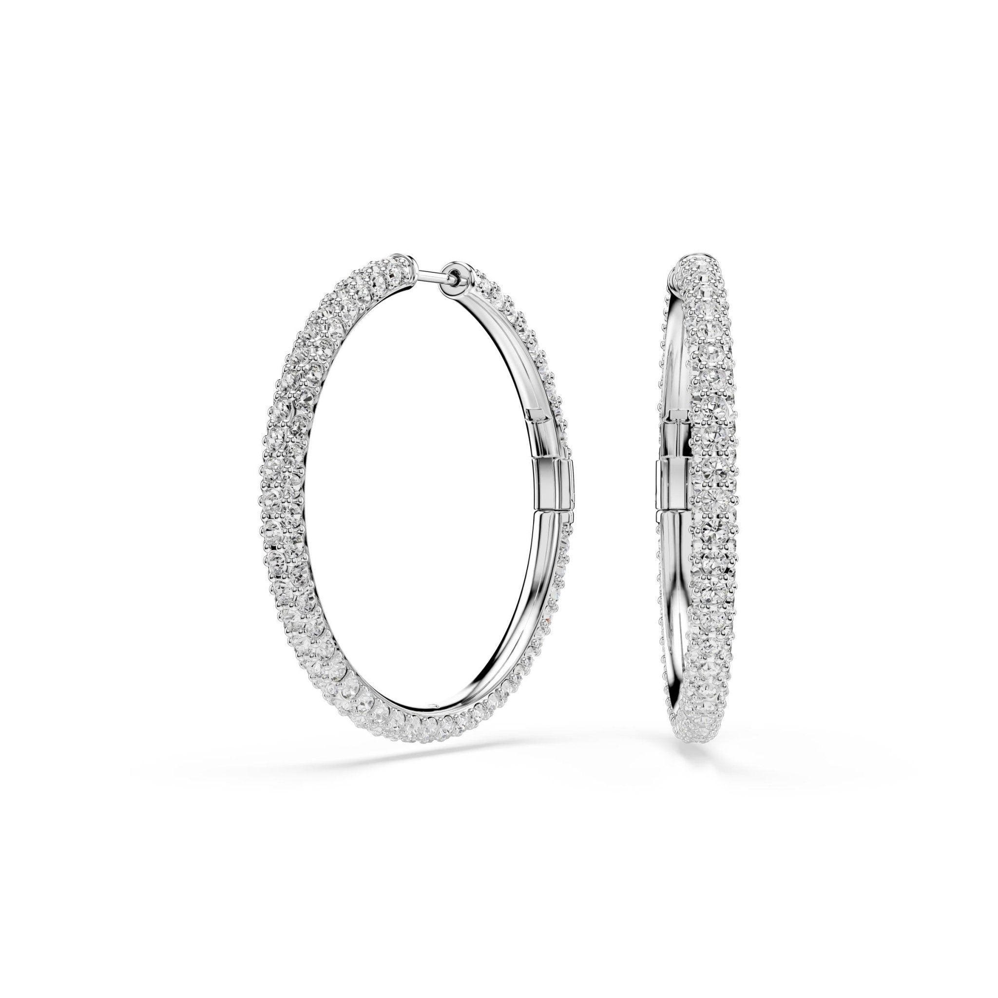 Dextera hoop earrings, Round cut, White, Rhodium plated -Swarovski
