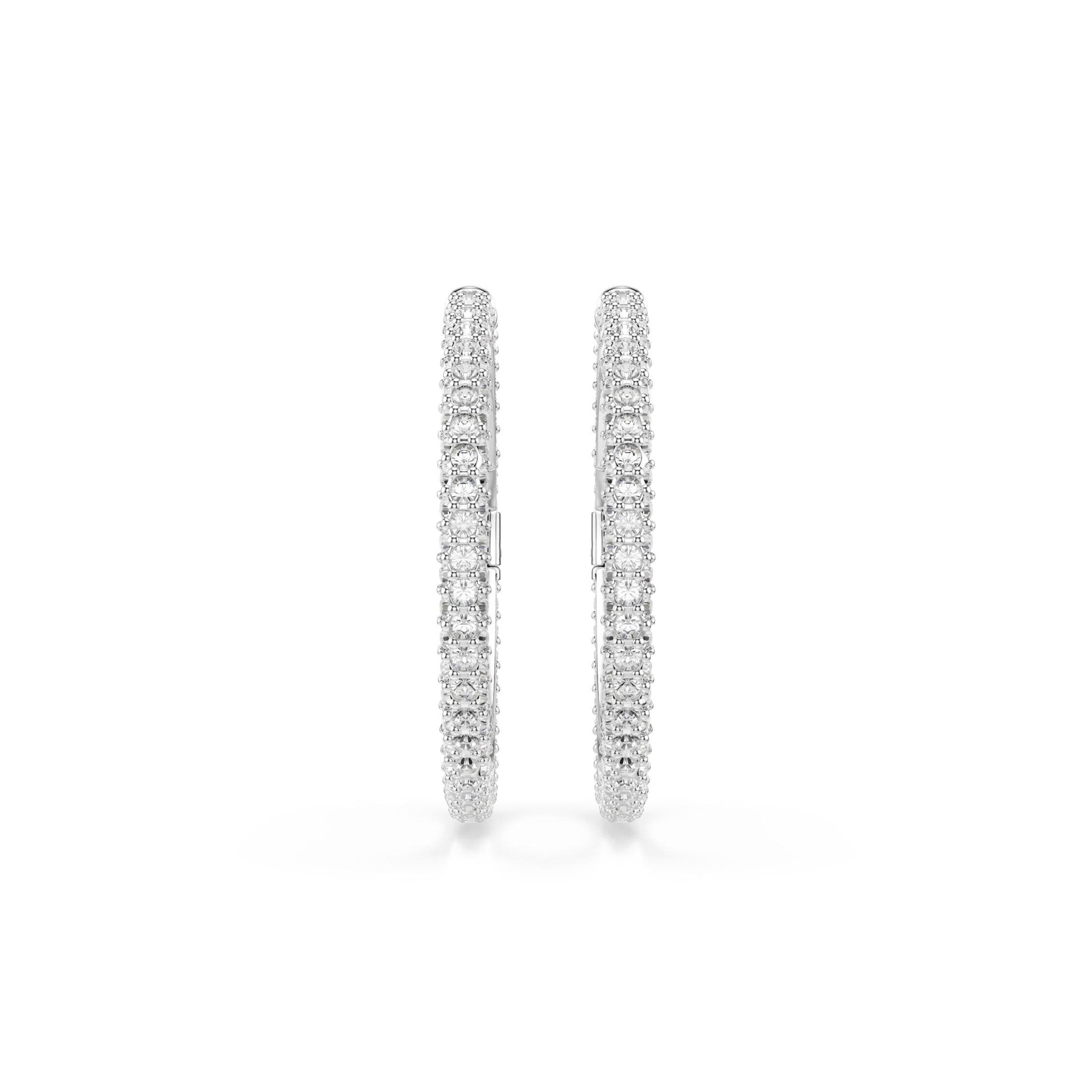 Dextera hoop earrings, Round cut, White, Rhodium plated -Swarovski