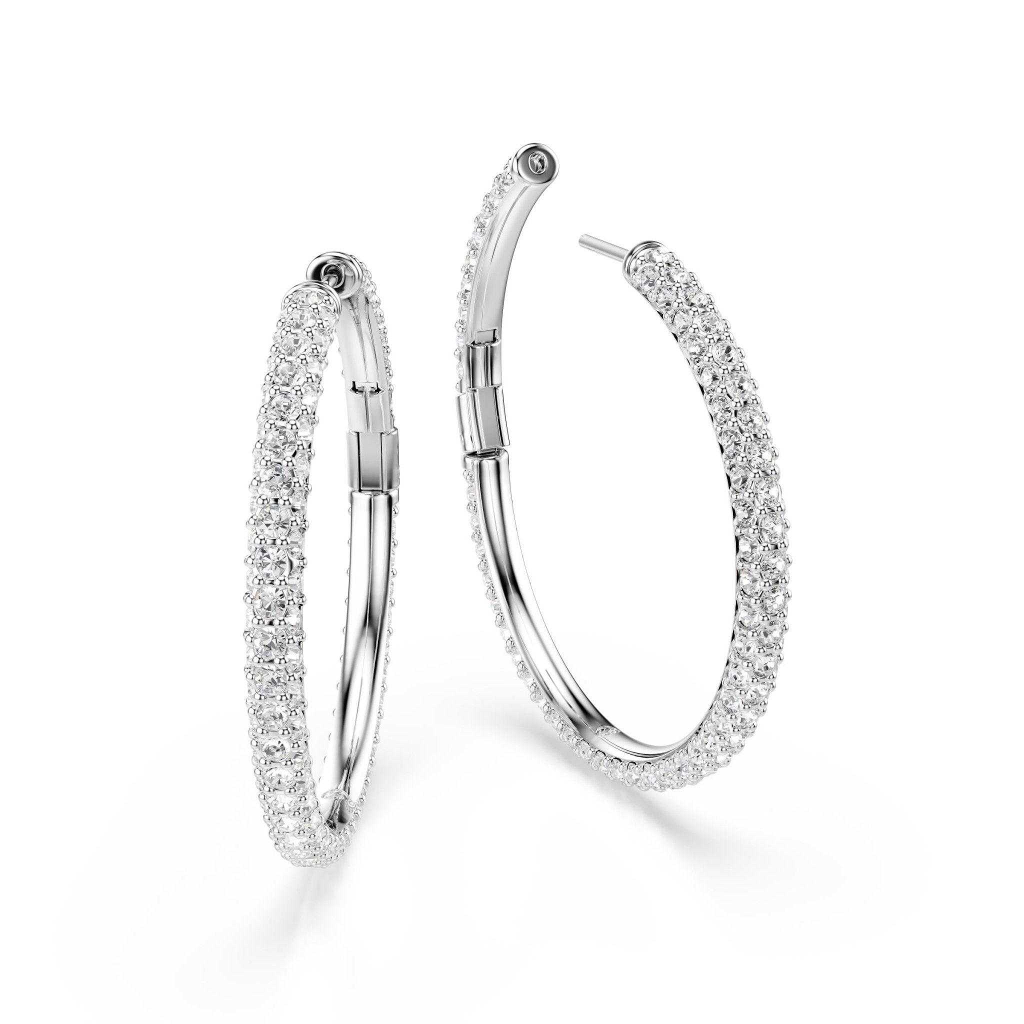 Dextera hoop earrings, Round cut, White, Rhodium plated -Swarovski