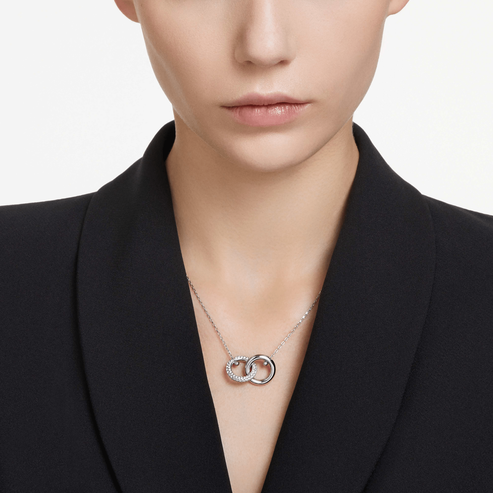 Dextera pendant Interlocking loop, White, Rhodium plated -Swarovski