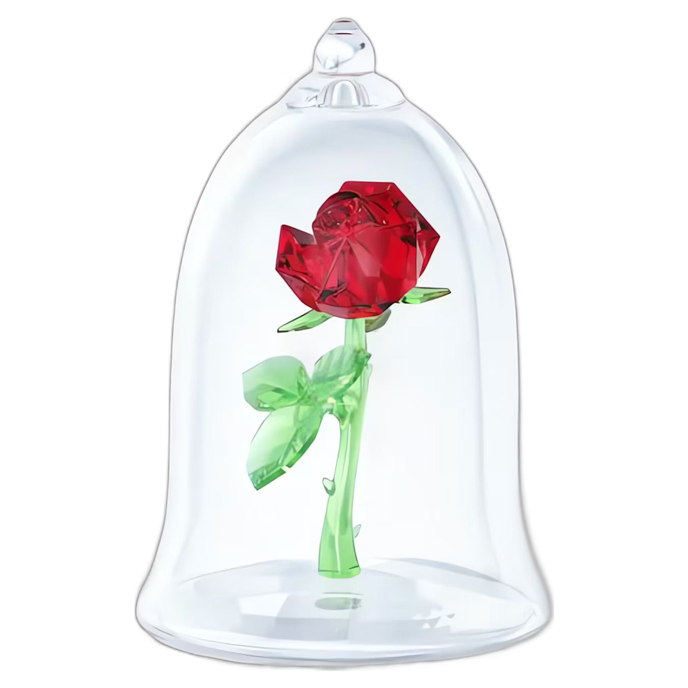 Swarovski Enchanted Rose with clear crystal petals and green crystal leaves in a glass display case.