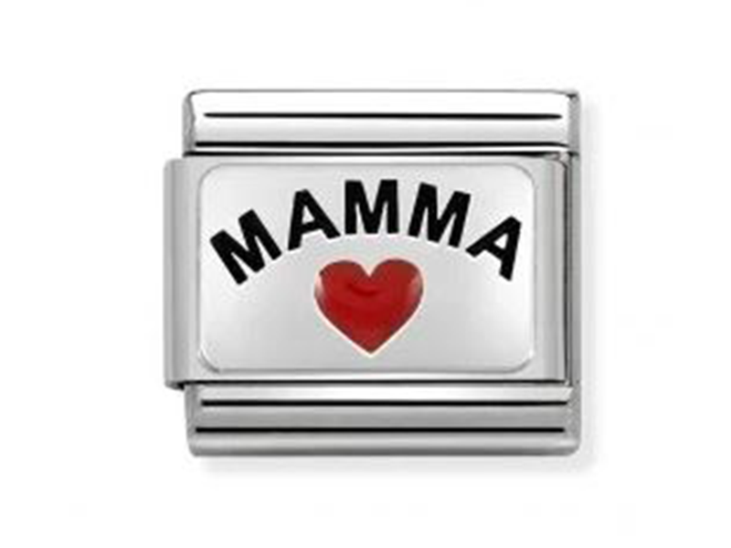 Sterling silver Nomination Writings Mamma S/S steel charm with engraved message and decorative design on a white background