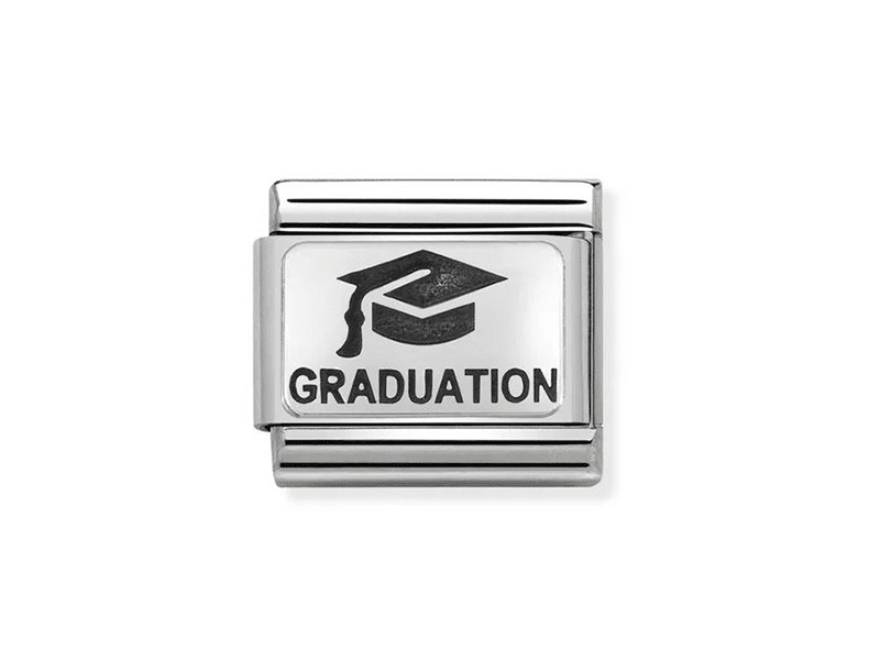 Silver graduation-themed symbol charm in steel and 925 sterling silver by Nomination, featuring detailed engraved design.