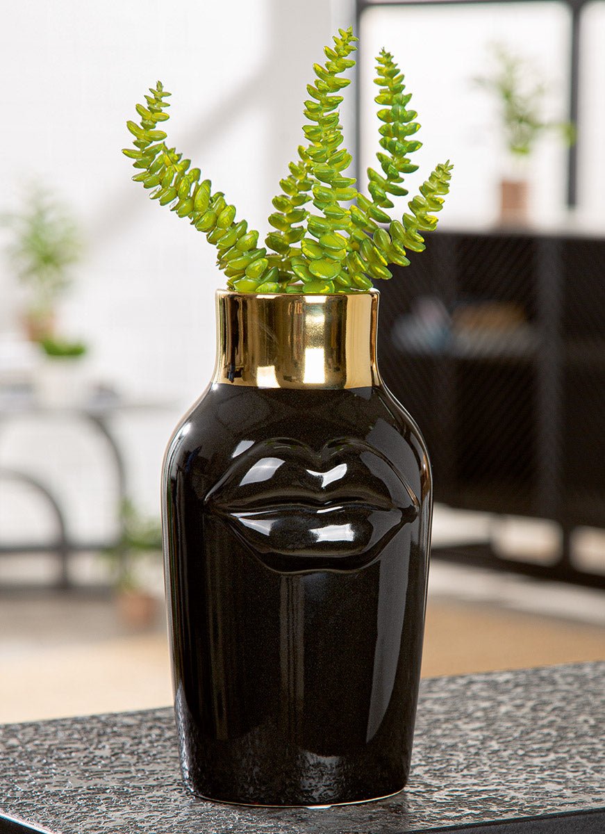 Gilde Vase Mouth Motif Ceramics Black 20.5cm -Gilde