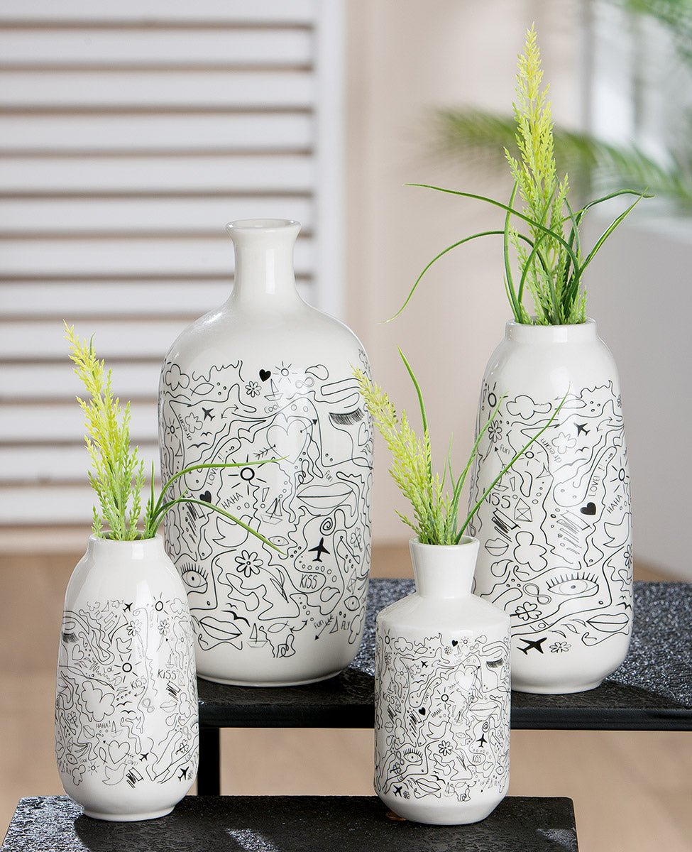 Gilde Vase Single-line Design Porcelain With Neck White 25cm -Gilde