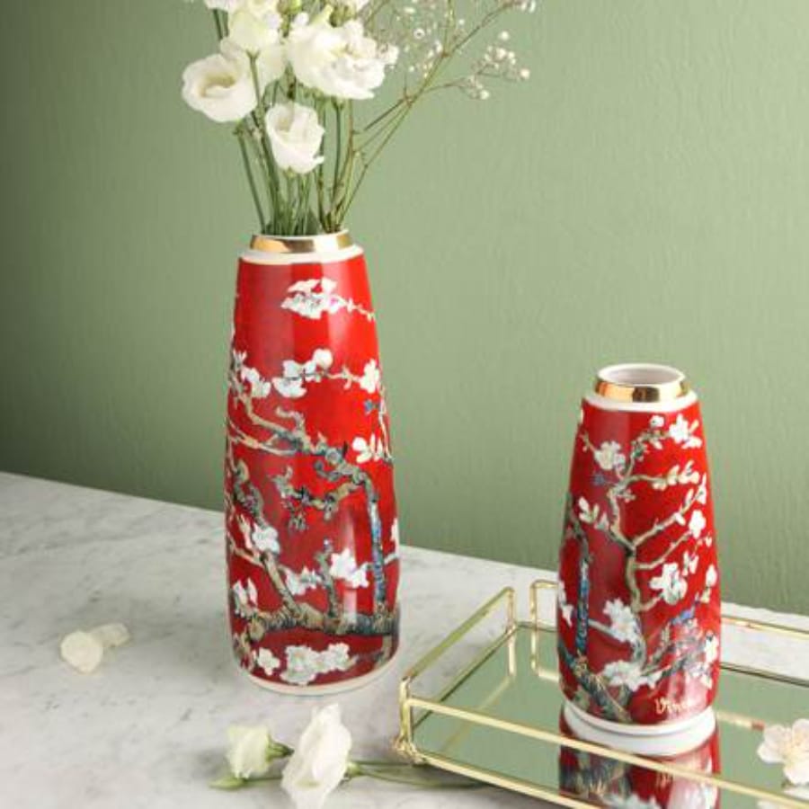 Goebel Slim Vase Van Gogh Almond Tree Red -Goebel