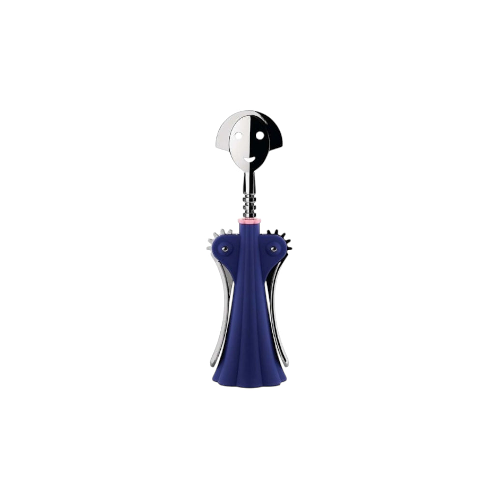 Alessi Anna G corkscrew in blue with ergonomic handle and stainless steel spiral for opening wine bottles.