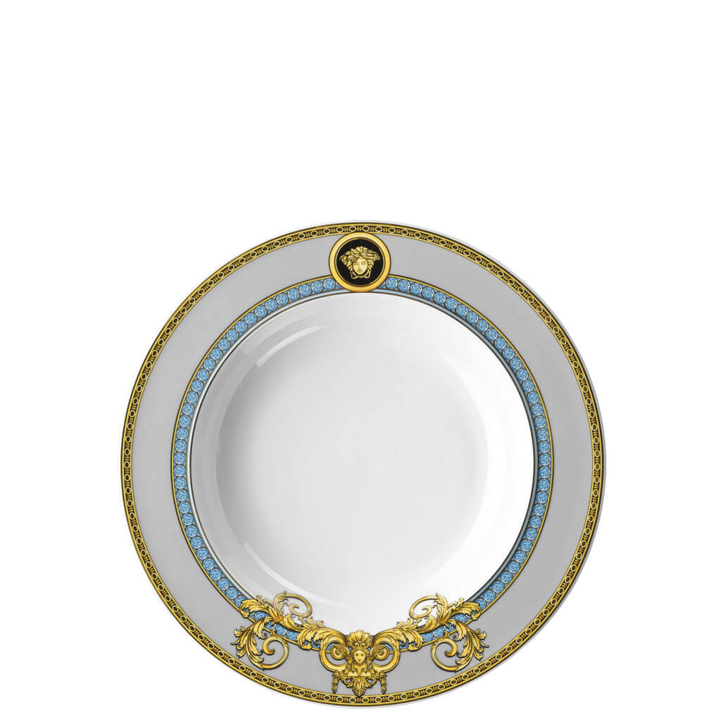 Elegant Versace Prestige Gala Blue deep 22cm plate with intricate design, perfect for sophisticated dining occasions.