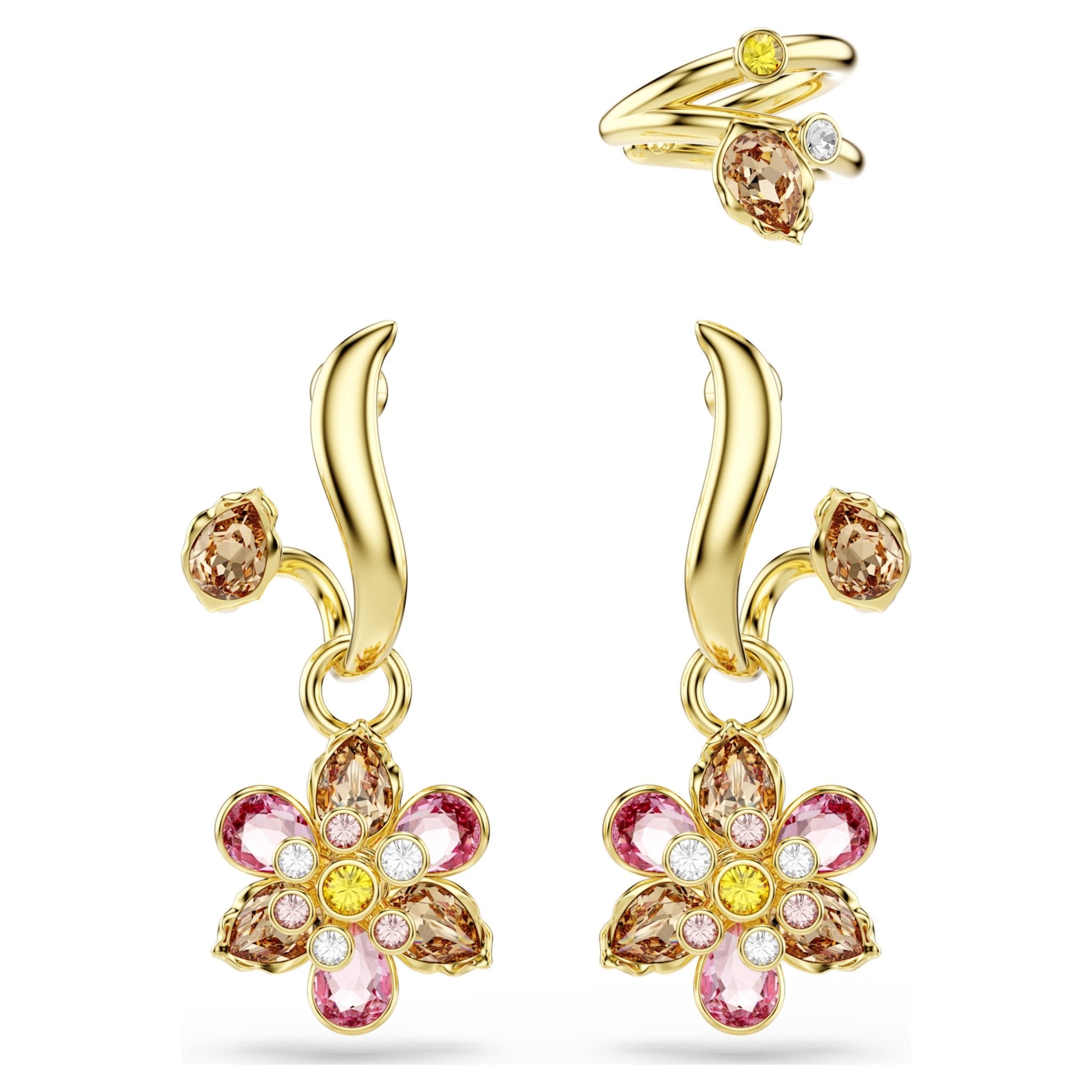 Idyllia earrings Set (3), Mixed cuts, Flower, Multicolored, 18K gold finish -Swarovski