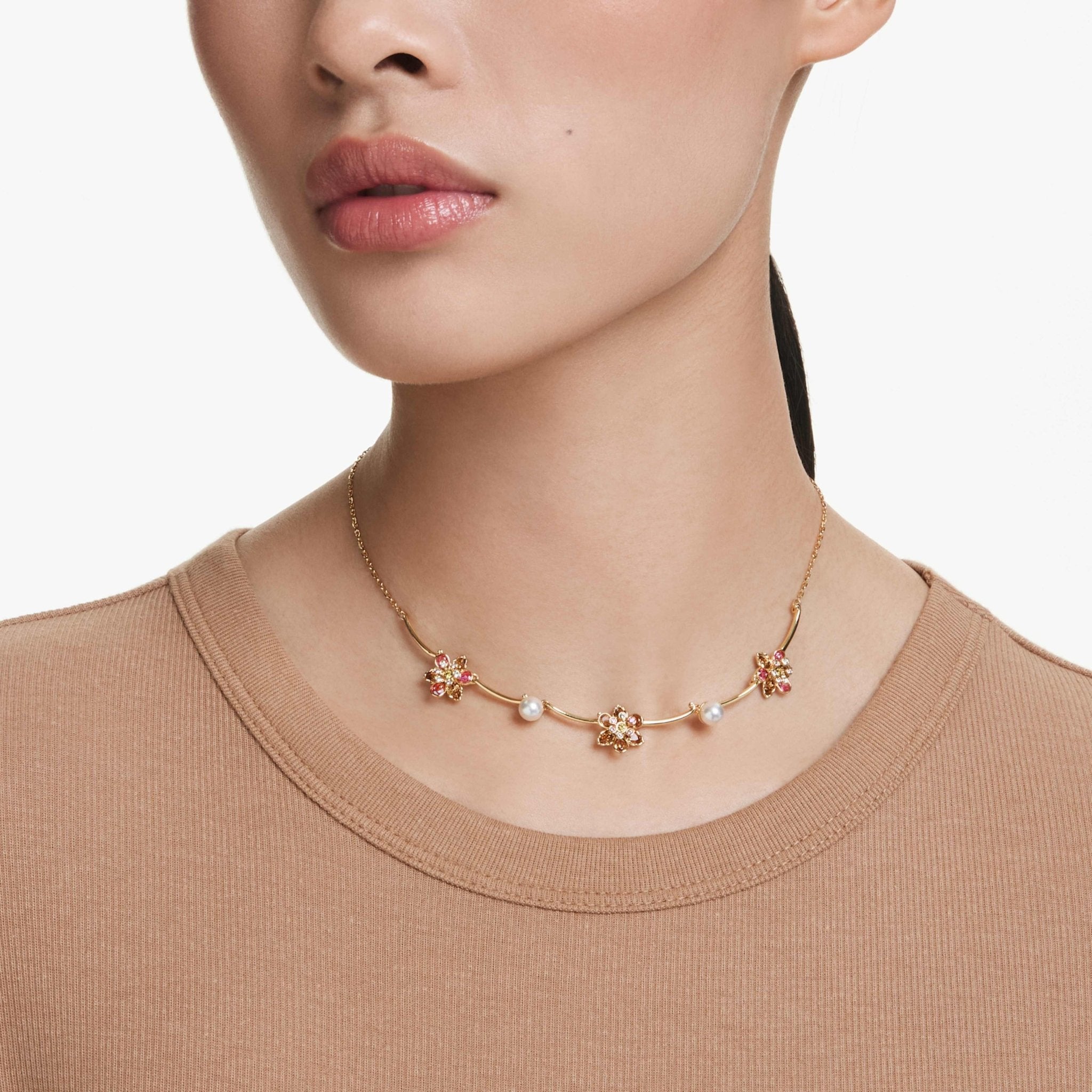 Idyllia necklace Crystal pearl, Mixed cuts, Flower, Multicolored, 18K gold finish -Swarovski