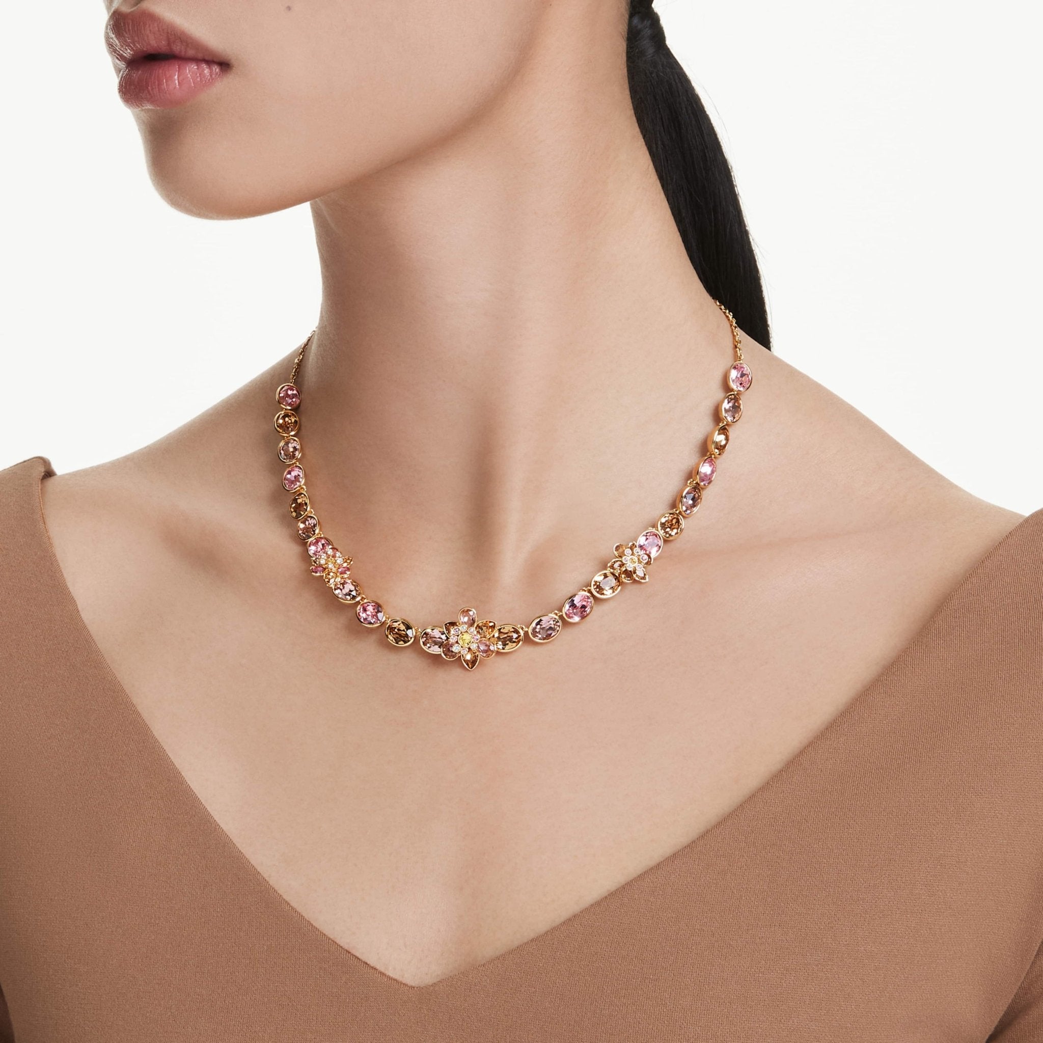 Idyllia necklace Mixed cuts, Flower, Multicolored, 18K gold finish -Swarovski
