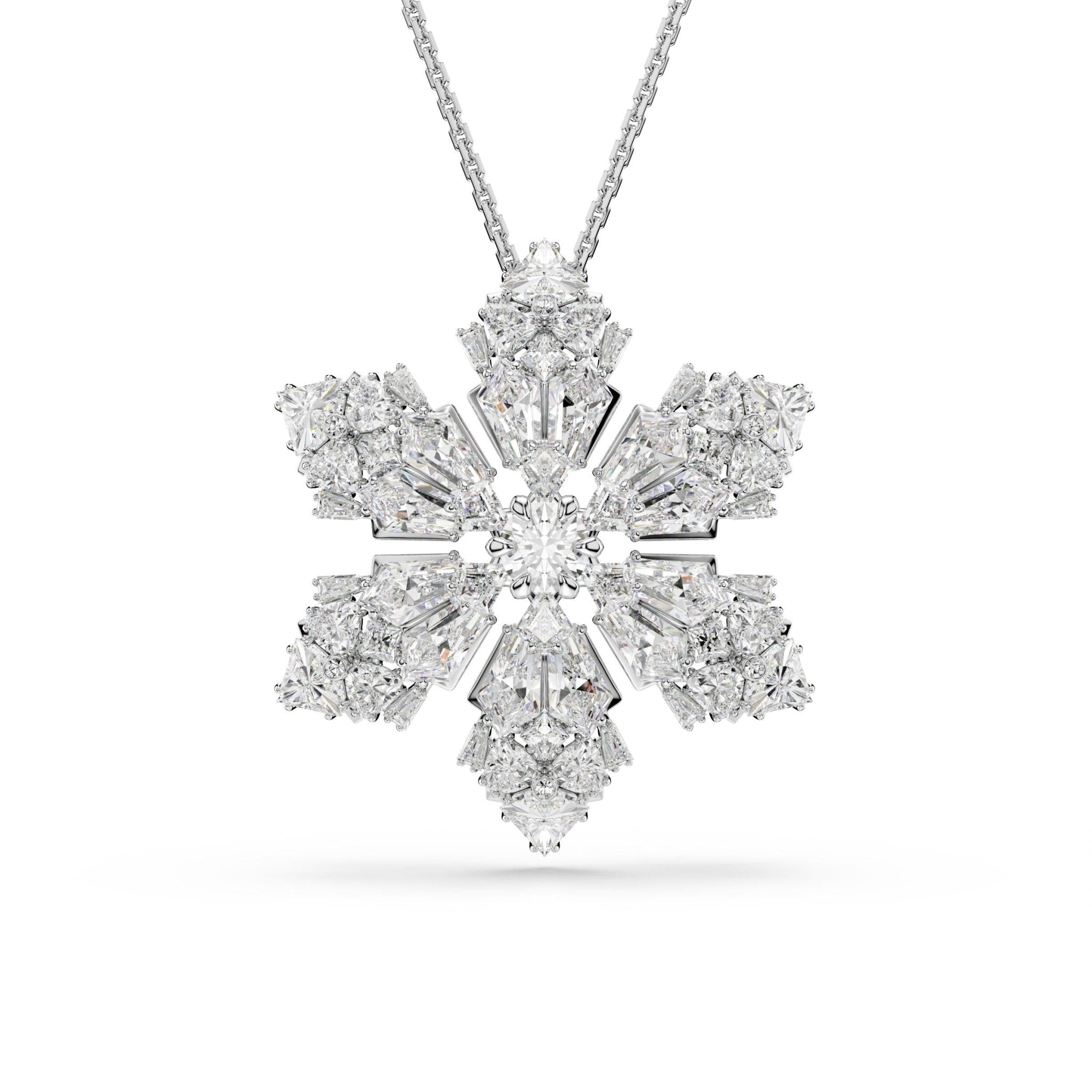 Idyllia pendant and brooch, Mixed cuts, Snowflake, White, Rhodium plated -Swarovski