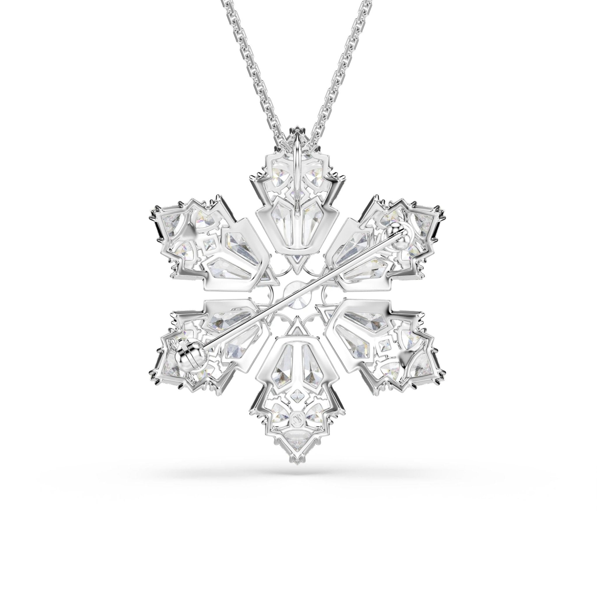 Idyllia pendant and brooch, Mixed cuts, Snowflake, White, Rhodium plated -Swarovski