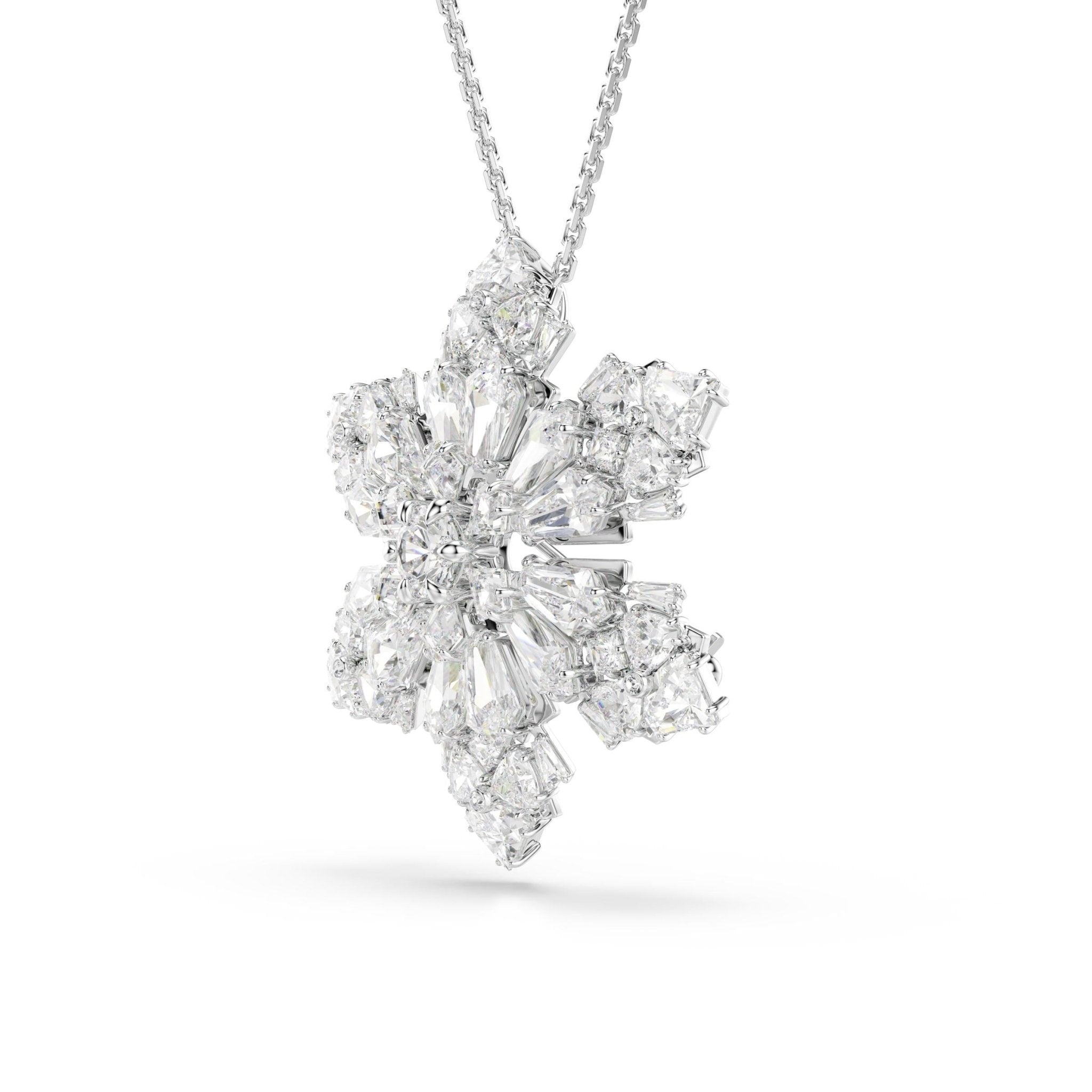 Idyllia pendant and brooch, Mixed cuts, Snowflake, White, Rhodium plated -Swarovski