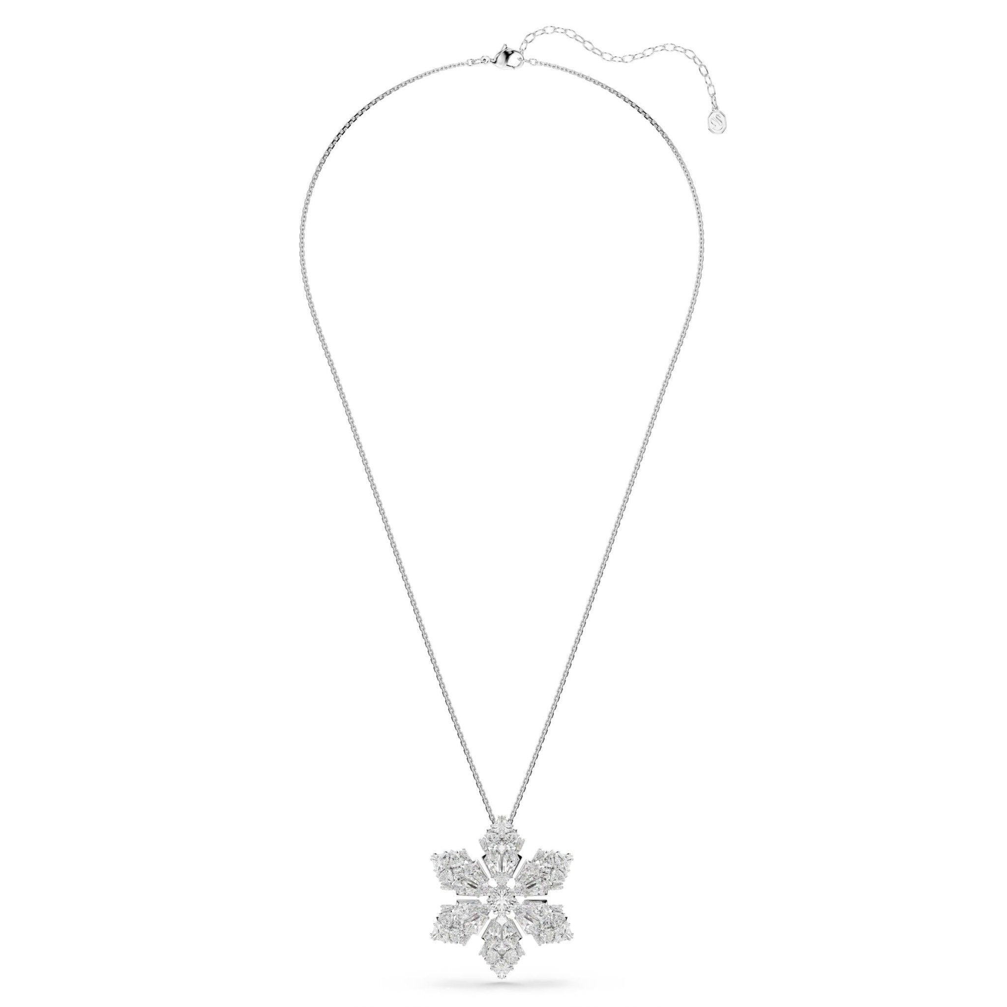 Idyllia pendant and brooch, Mixed cuts, Snowflake, White, Rhodium plated -Swarovski