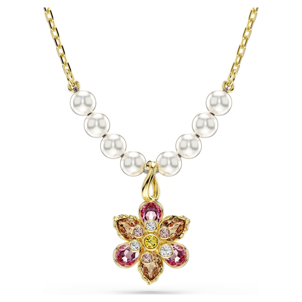 Idyllia pendant Crystal pearl, Mixed cuts, Flower, Multicolored, 18K gold finish -Swarovski