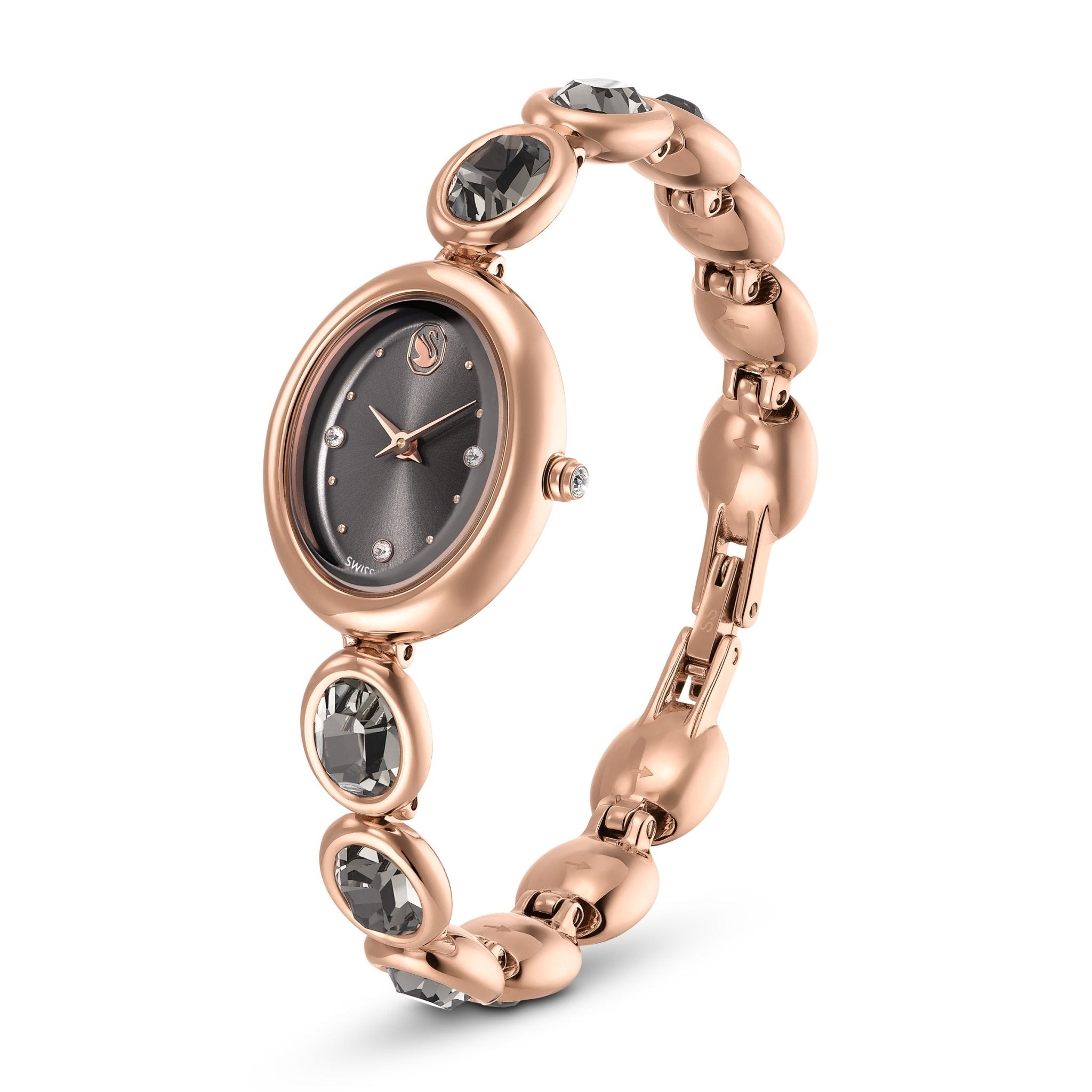 Imber oval watch, Swiss Made, Metal bracelet, Black, Rose gold-tone finish -Swarovski