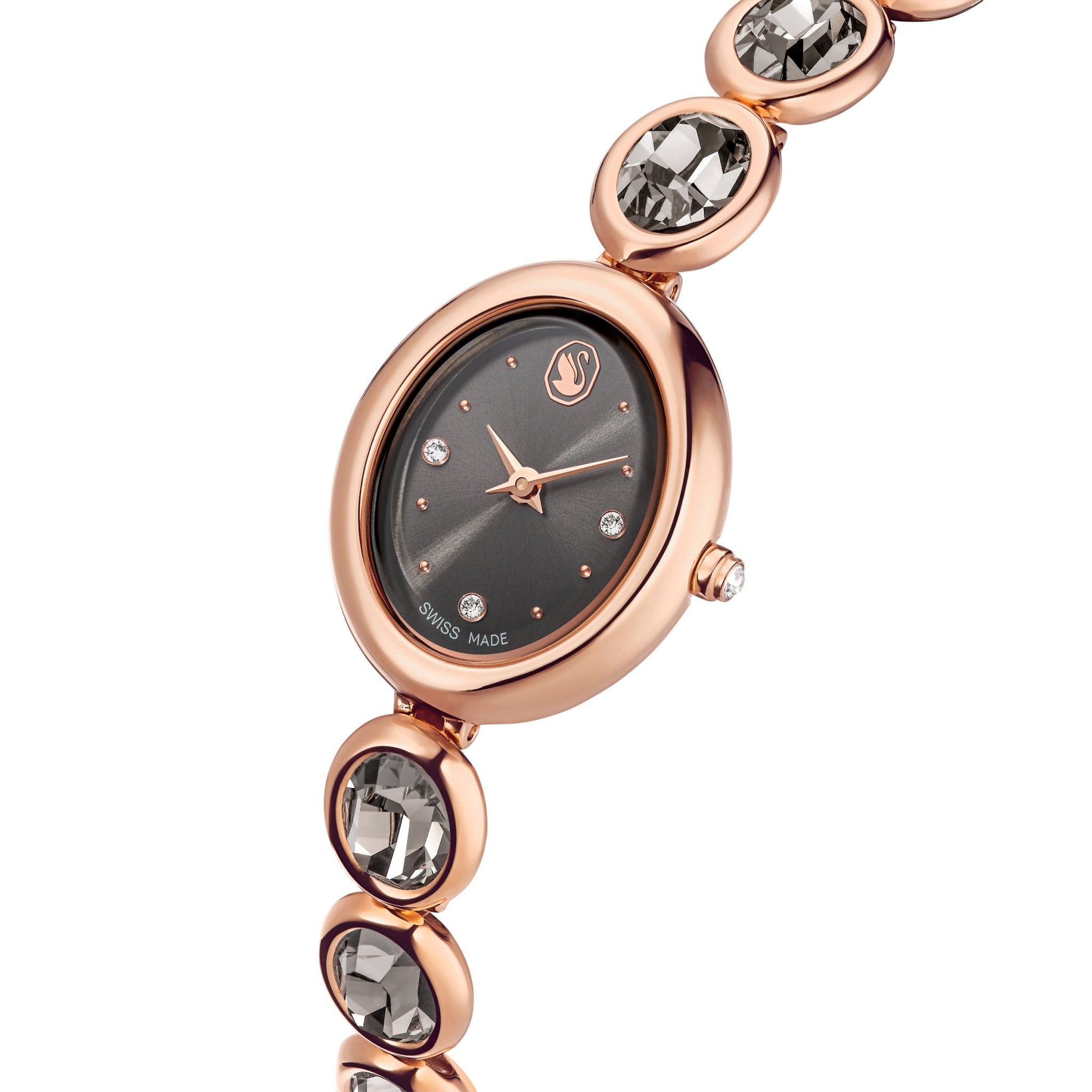 Imber oval watch, Swiss Made, Metal bracelet, Black, Rose gold-tone finish -Swarovski