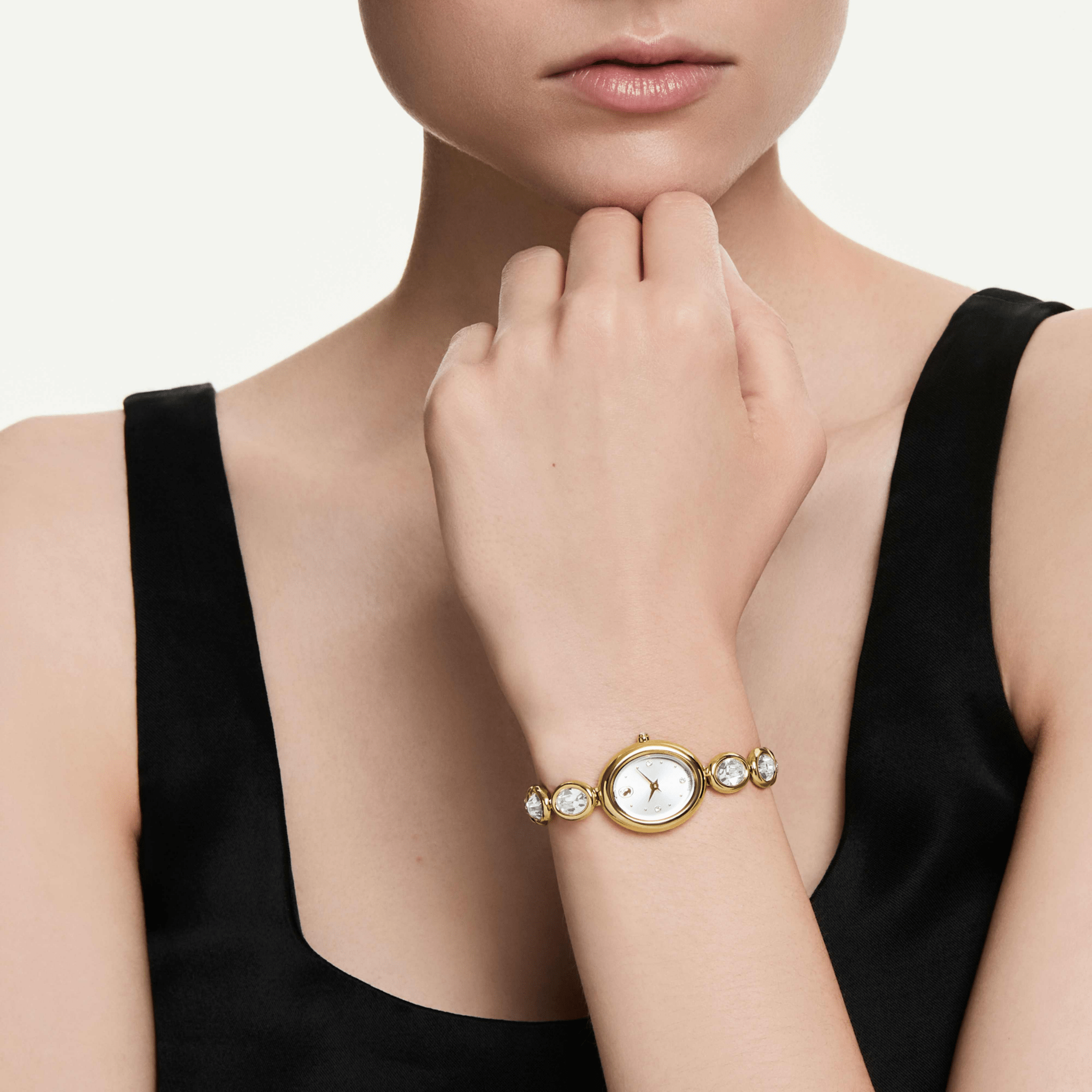 Imber oval watch, Swiss Made, Metal bracelet, Gold tone, Gold-tone finish -Swarovski