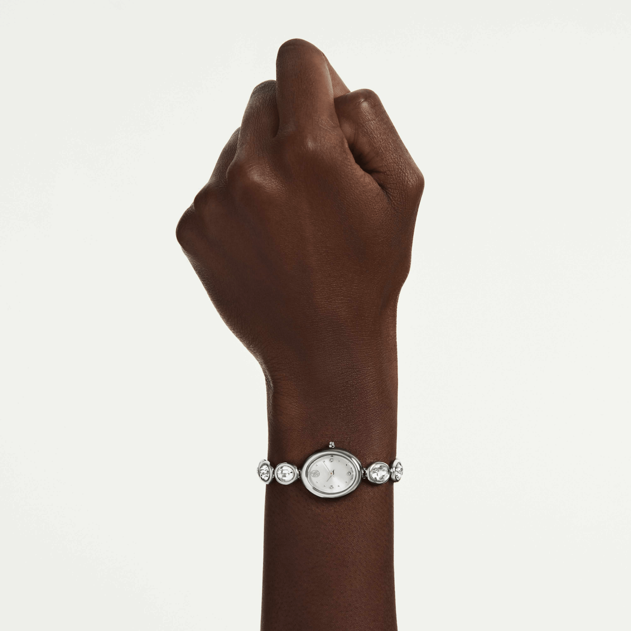 Imber oval watch, Swiss Made, Metal bracelet, Silver tone, Stainless steel -Swarovski