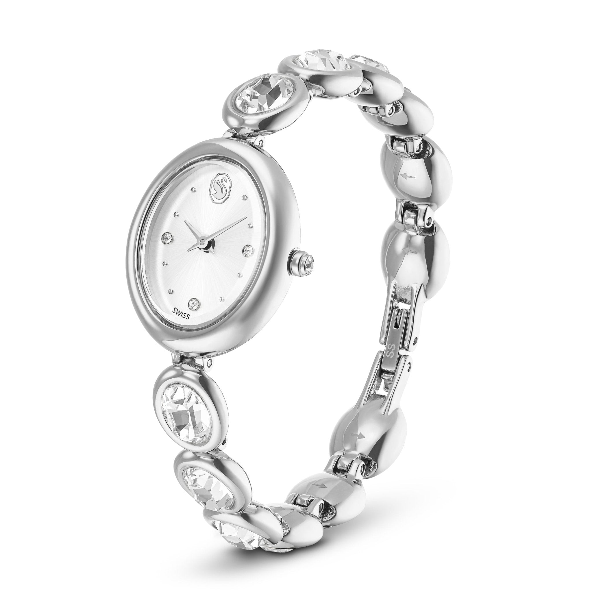 Imber oval watch, Swiss Made, Metal bracelet, Silver tone, Stainless steel -Swarovski