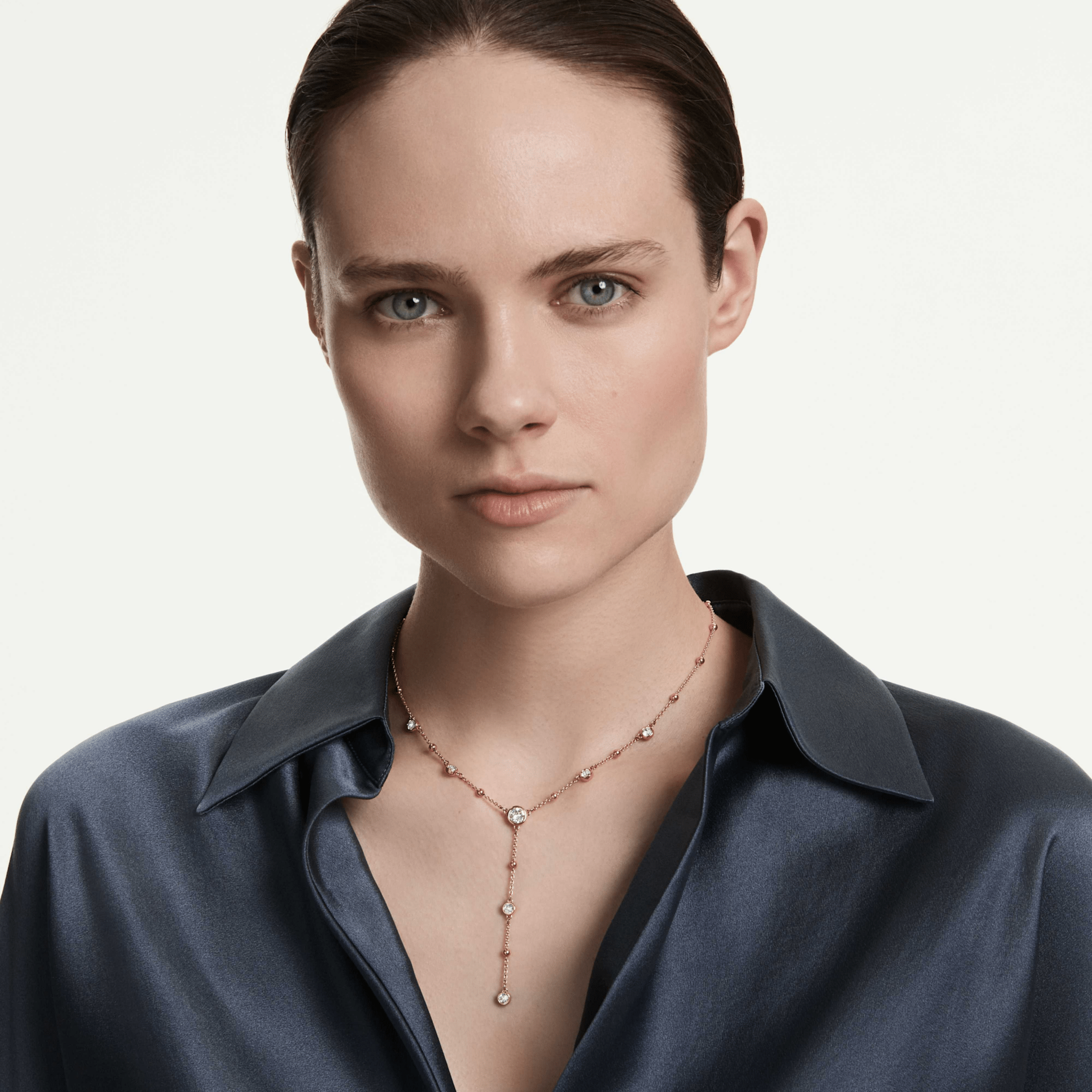 Imber Y necklace, Round cut, White, 18K rose gold finish -Swarovski