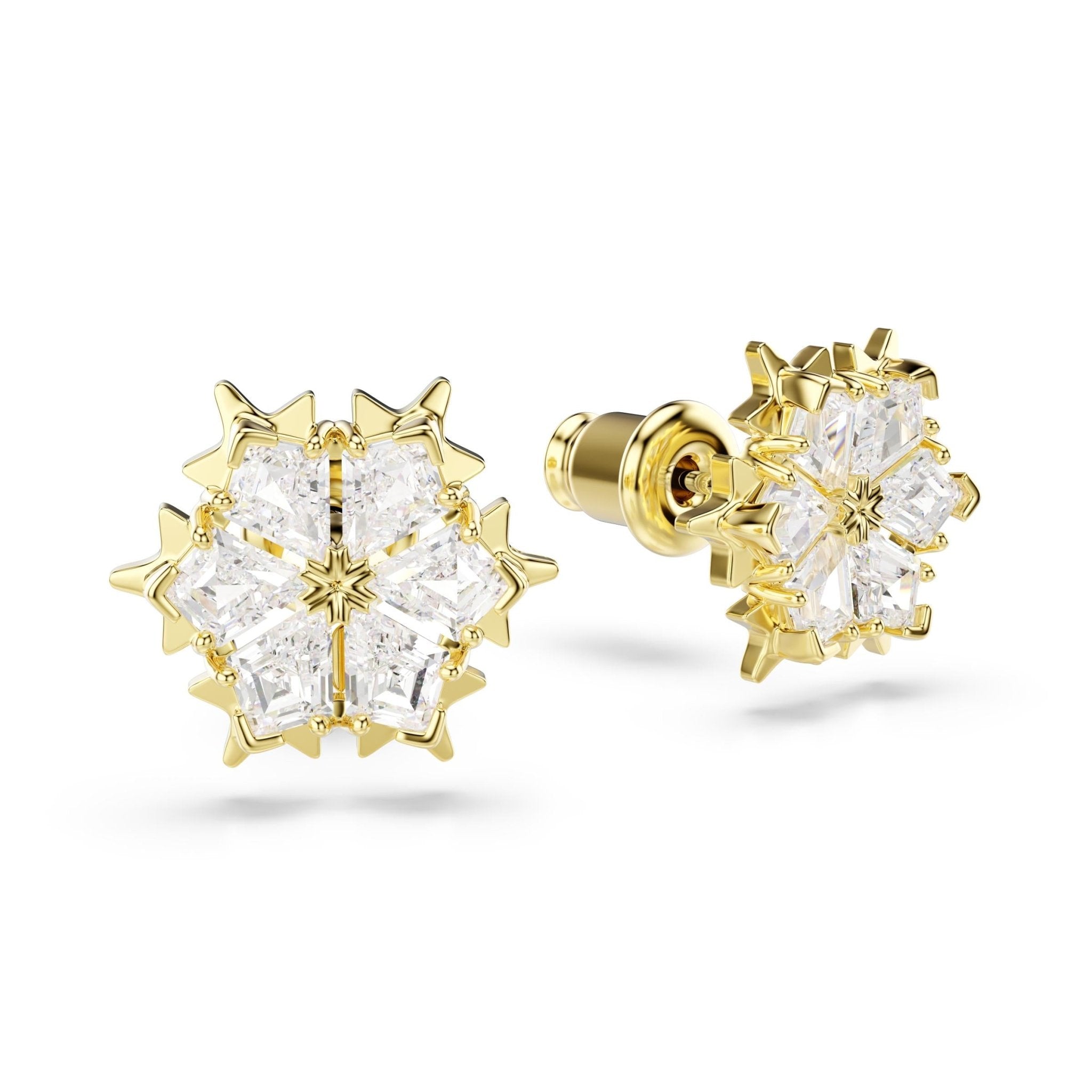 Magic stud earrings, Mixed cuts, Snowflake, White, 18K gold finish -Swarovski