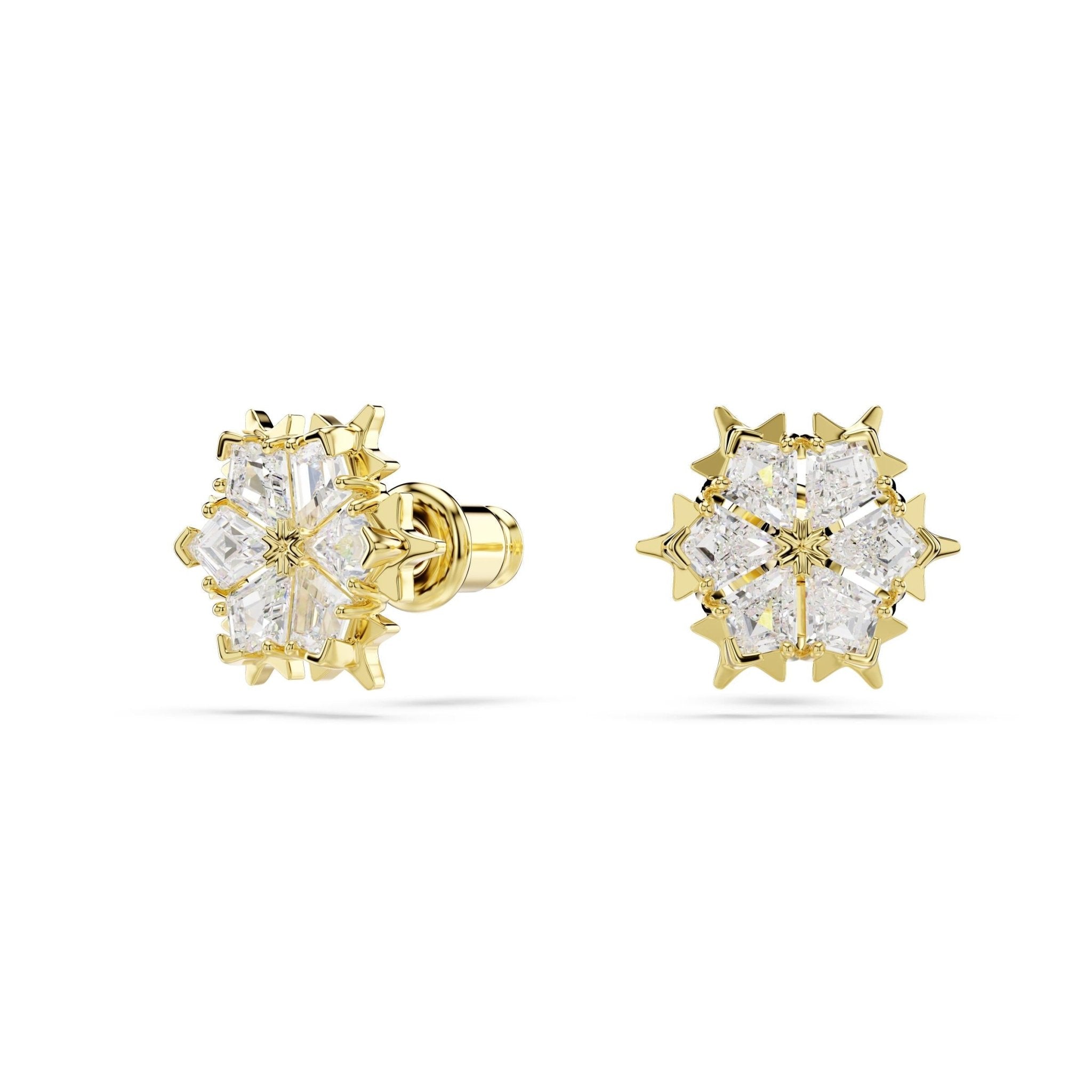 Magic stud earrings, Mixed cuts, Snowflake, White, 18K gold finish -Swarovski