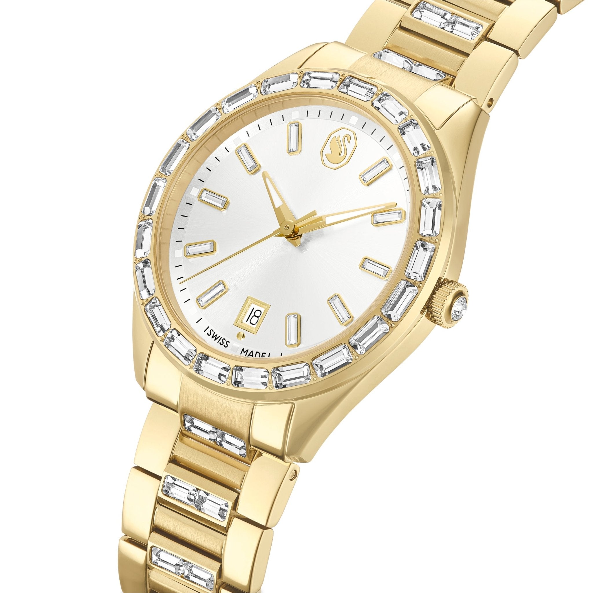 Matrix date watch, Swiss Made, Metal bracelet, Gold tone, Gold-tone finish -Swarovski