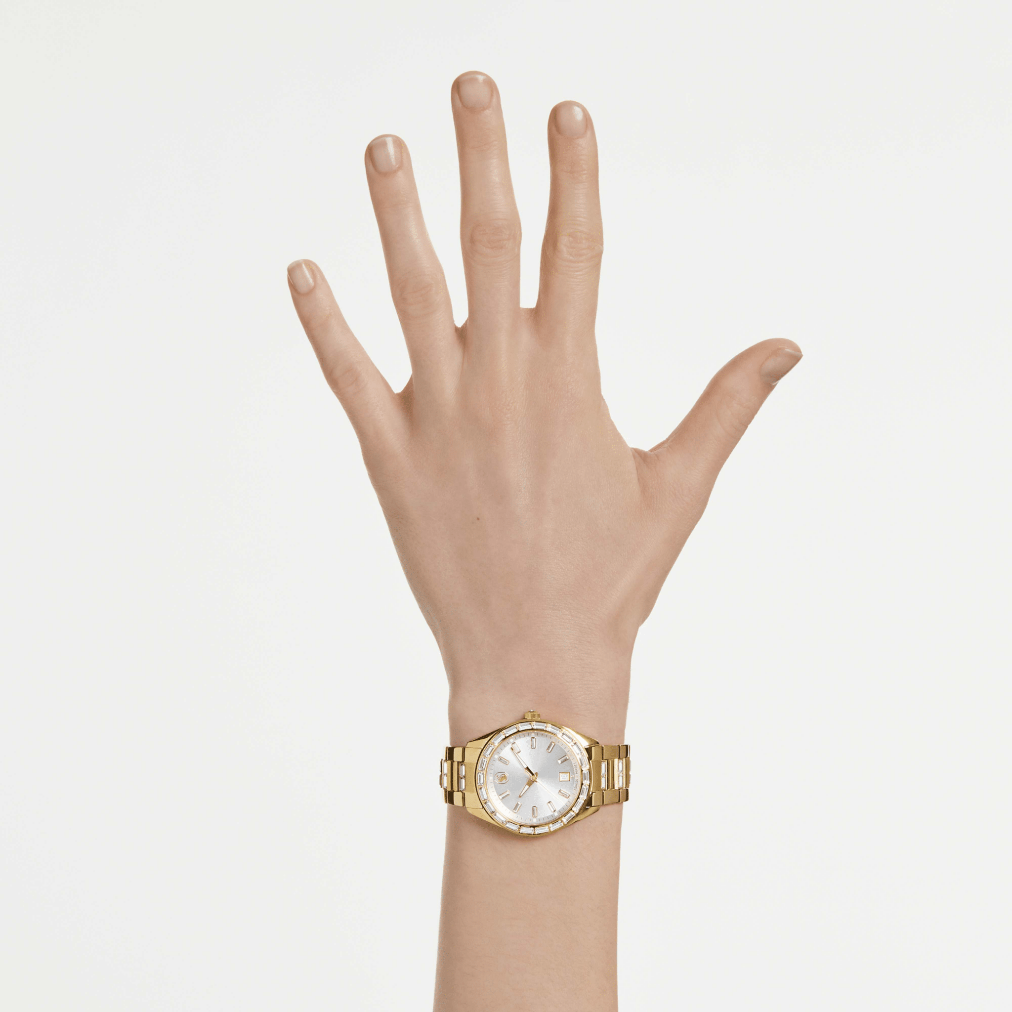 Matrix date watch, Swiss Made, Metal bracelet, Gold tone, Gold-tone finish -Swarovski