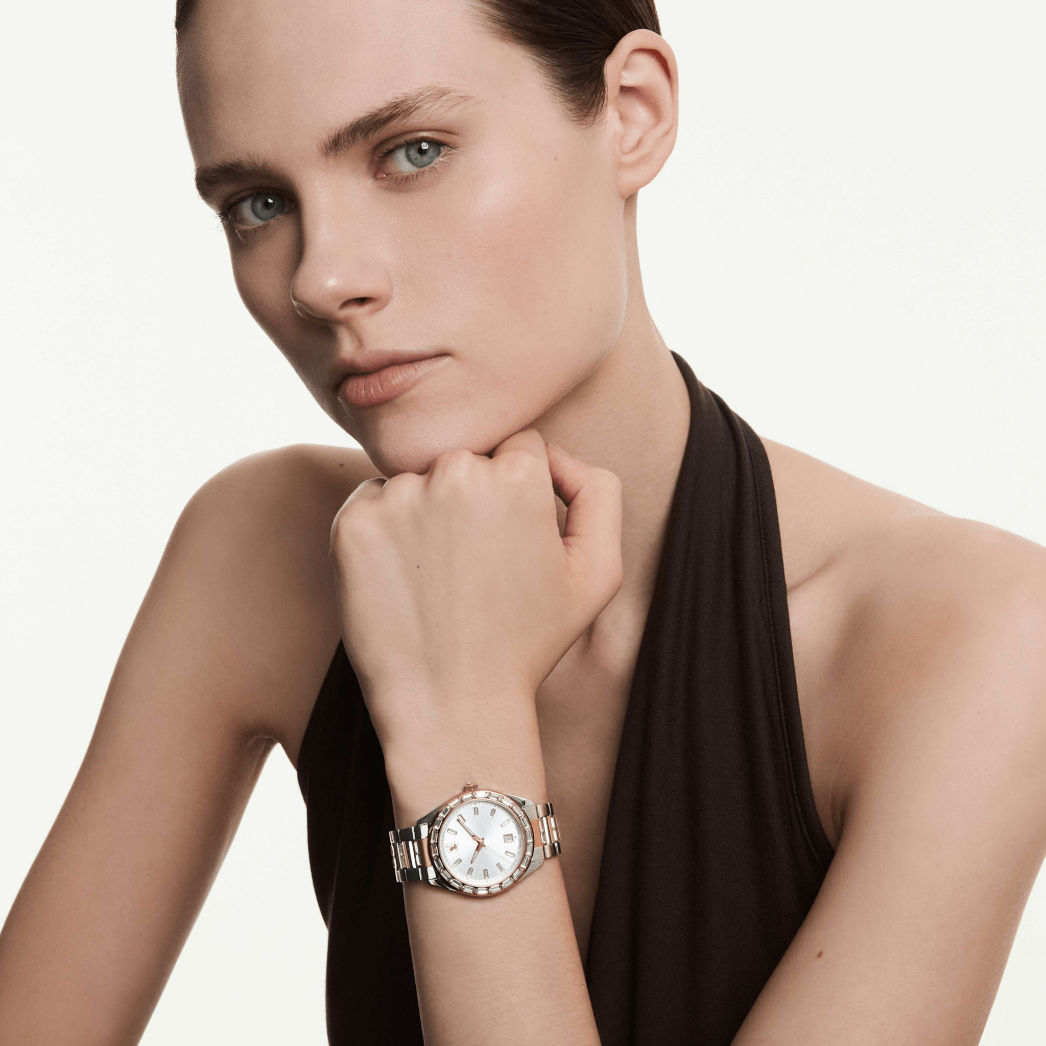 Matrix date watch, Swiss Made, Metal bracelet, Rose gold tone, Mixed metal finish -Swarovski