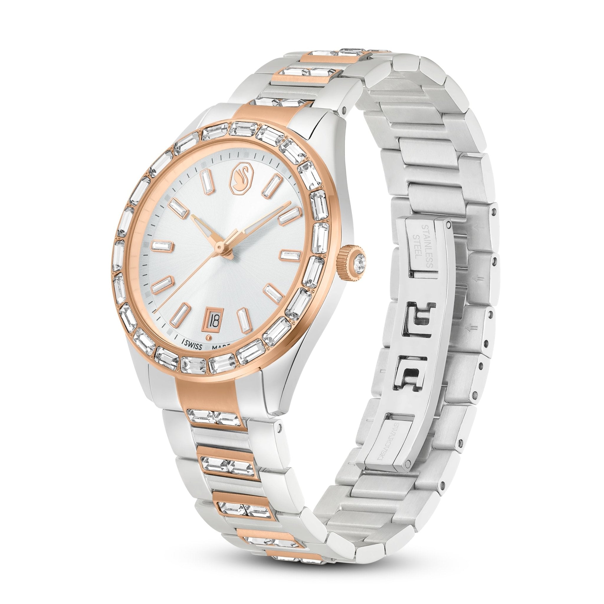 Matrix date watch, Swiss Made, Metal bracelet, Rose gold tone, Mixed metal finish -Swarovski
