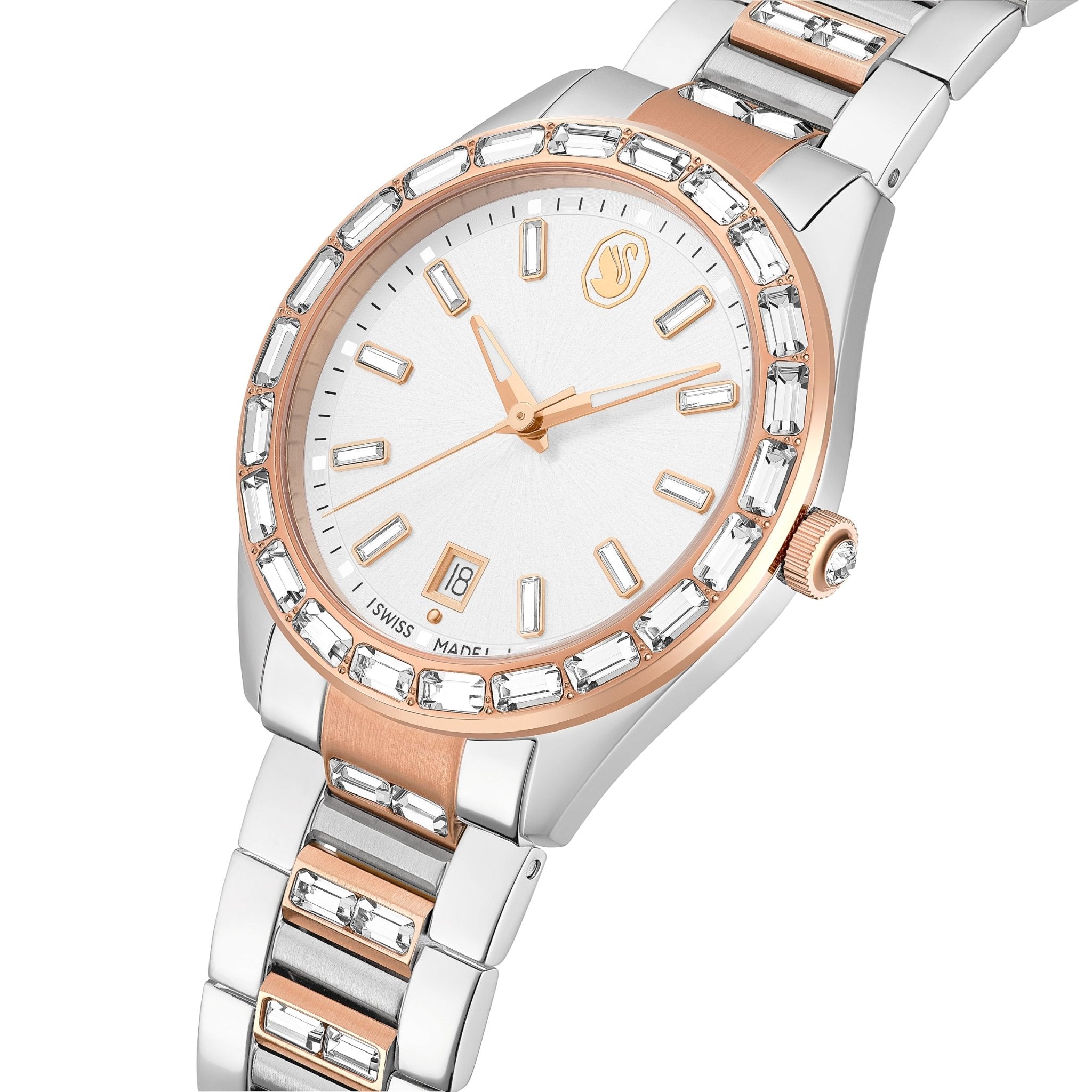 Matrix date watch, Swiss Made, Metal bracelet, Rose gold tone, Mixed metal finish -Swarovski