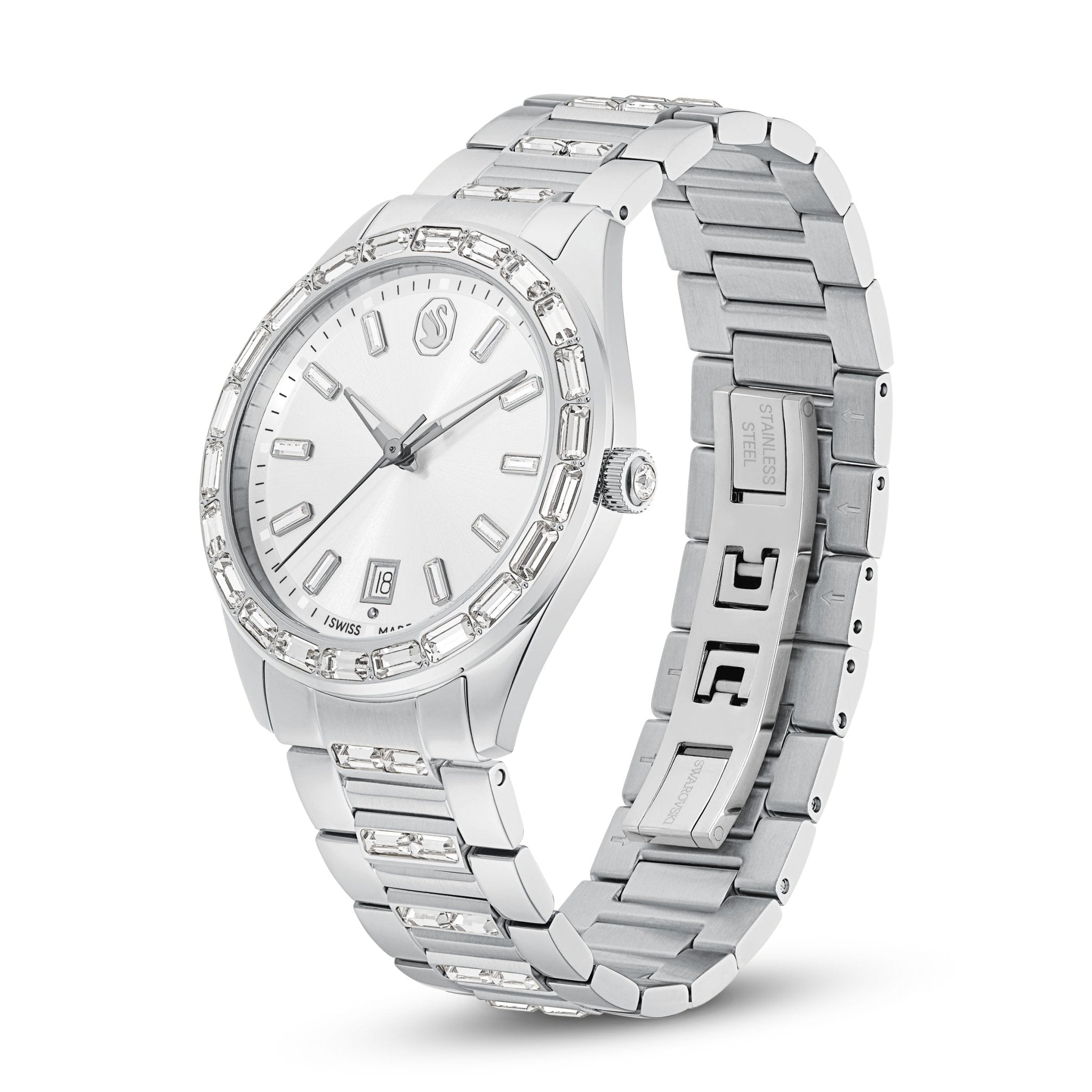 Matrix date watch, Swiss Made, Metal bracelet, Silver tone, Stainless steel -Swarovski