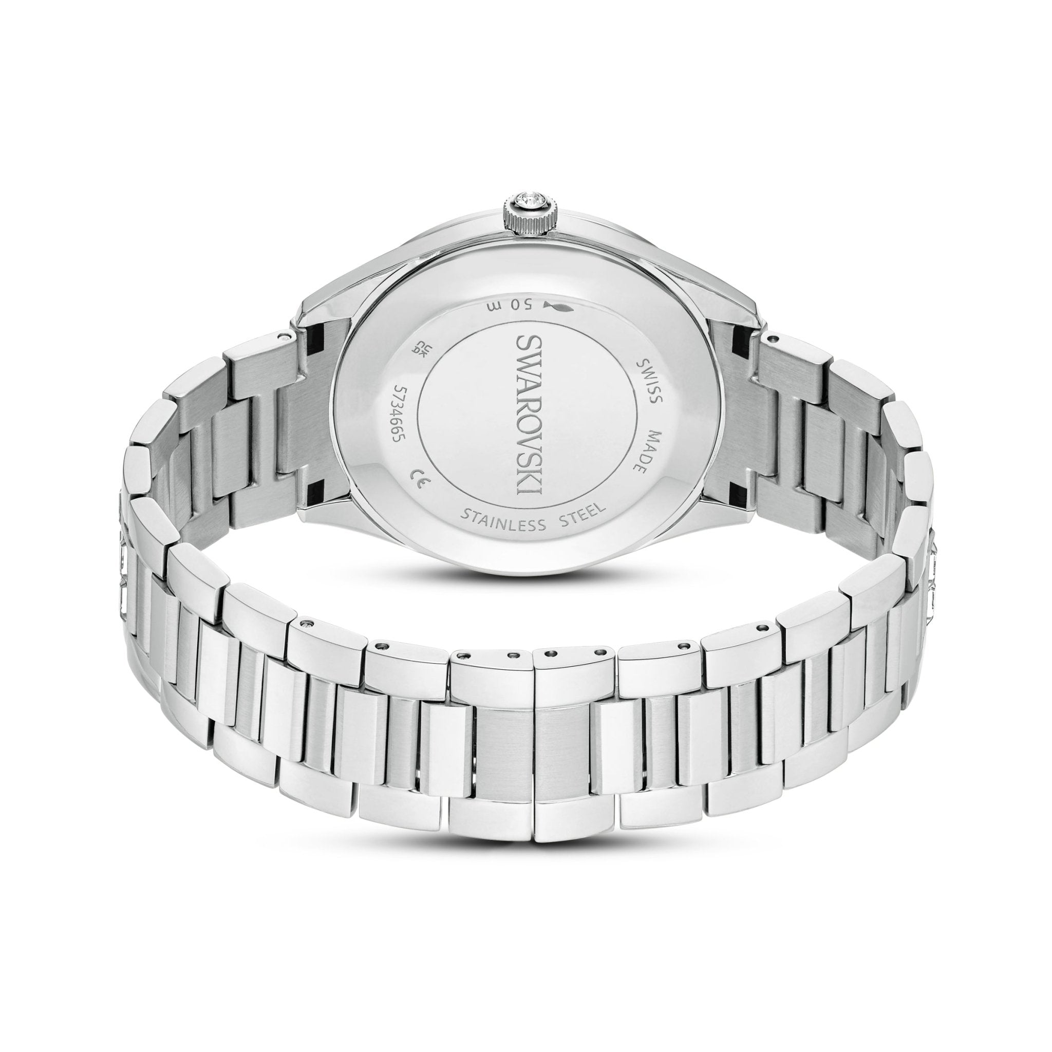 Matrix date watch, Swiss Made, Metal bracelet, Silver tone, Stainless steel -Swarovski