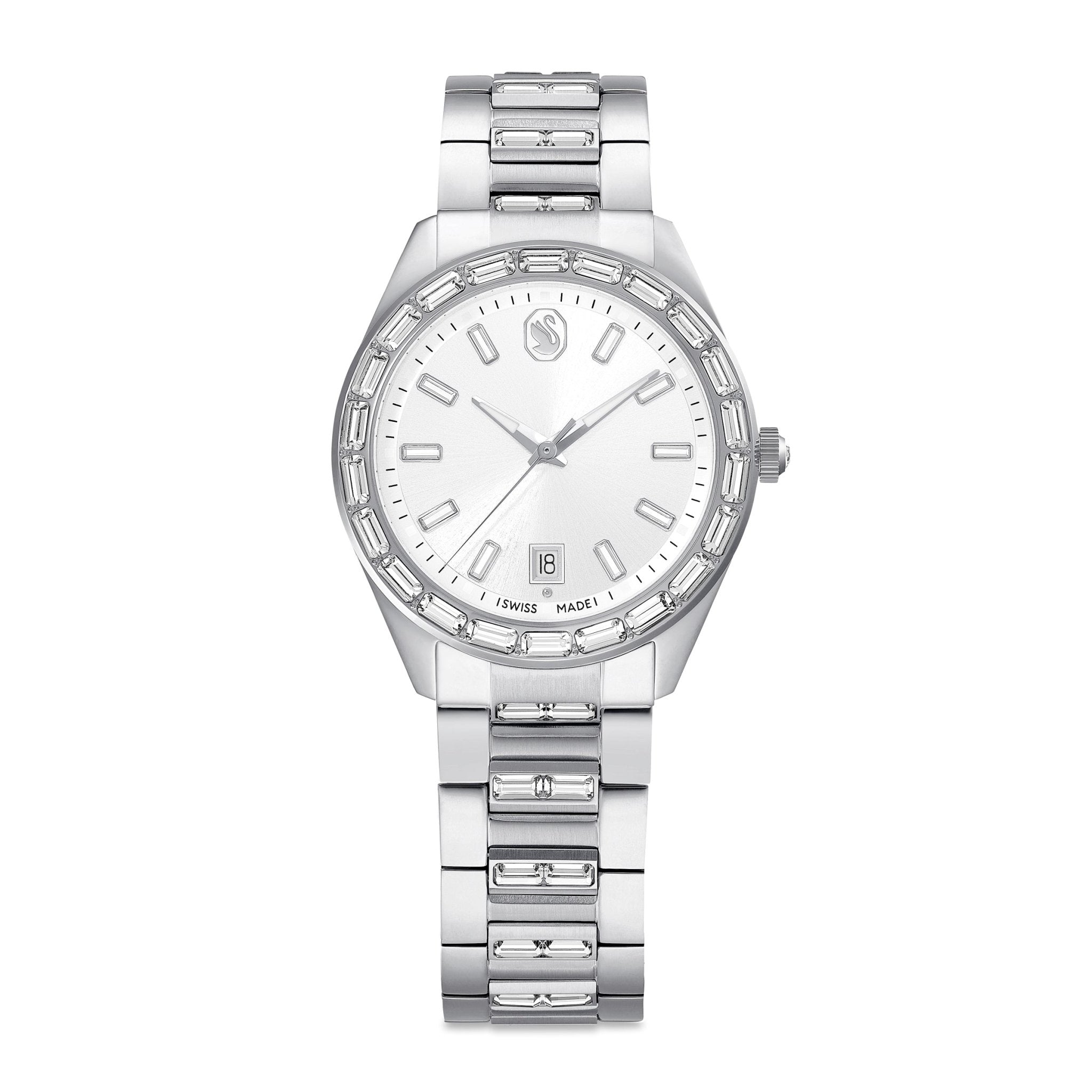 Matrix date watch, Swiss Made, Metal bracelet, Silver tone, Stainless steel -Swarovski