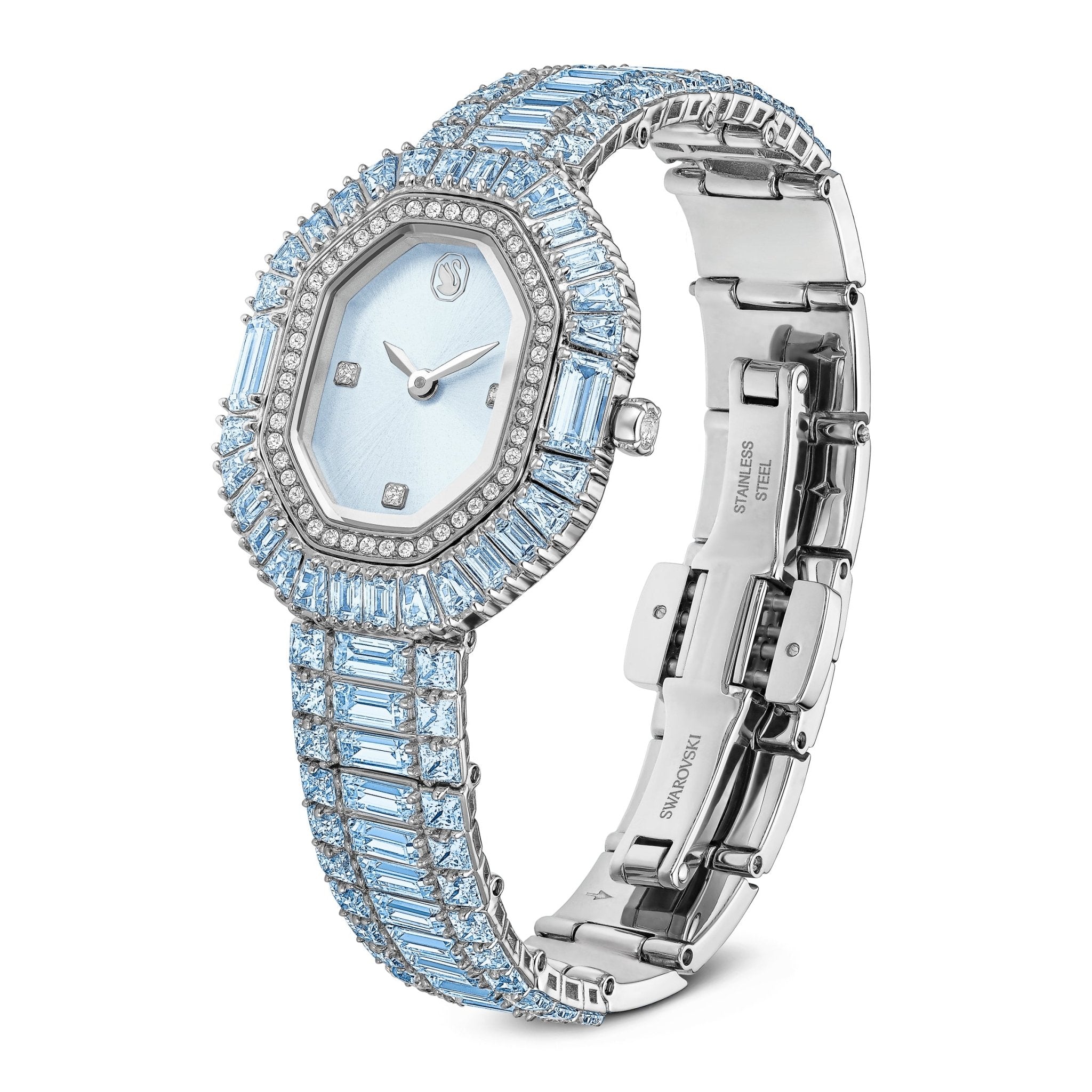 Matrix octagon watch, Baguette cut, Metal bracelet, Blue, Stainless steel -Swarovski