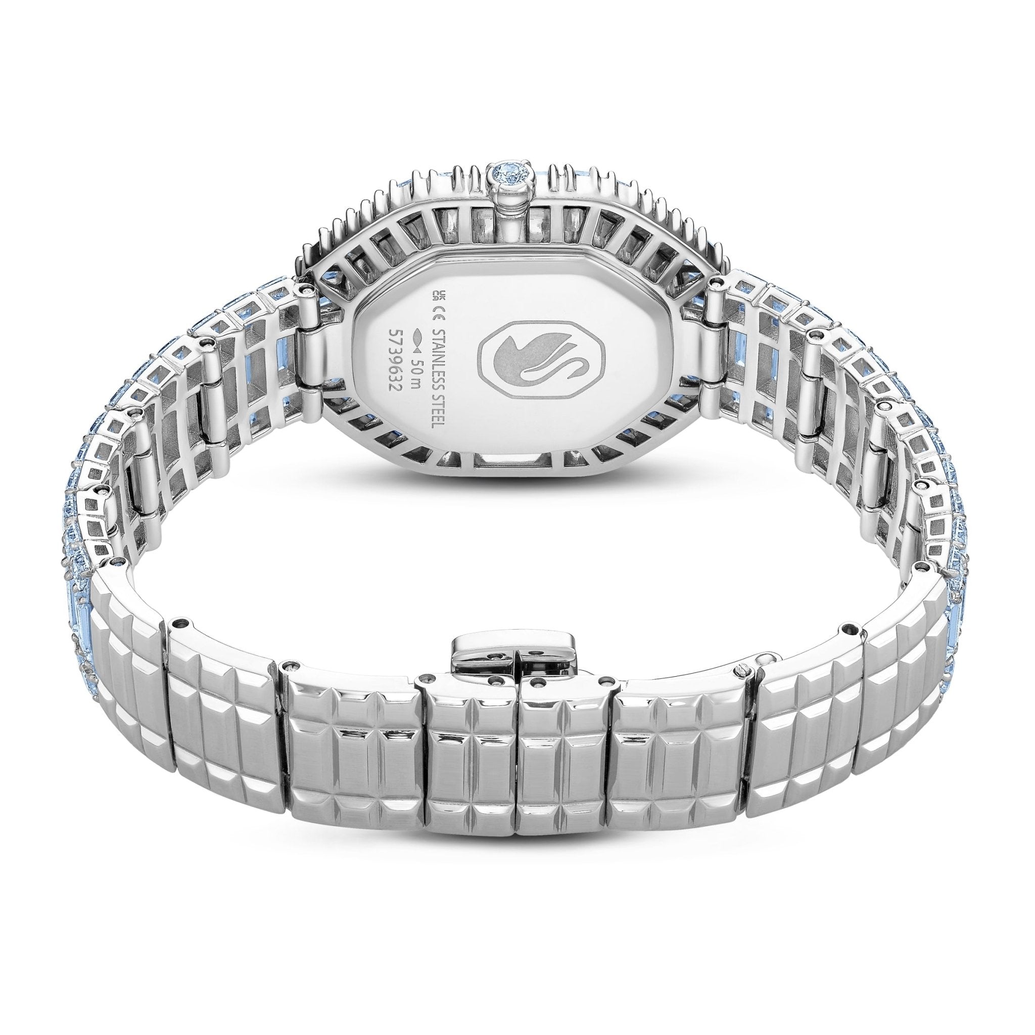 Matrix octagon watch, Baguette cut, Metal bracelet, Blue, Stainless steel -Swarovski