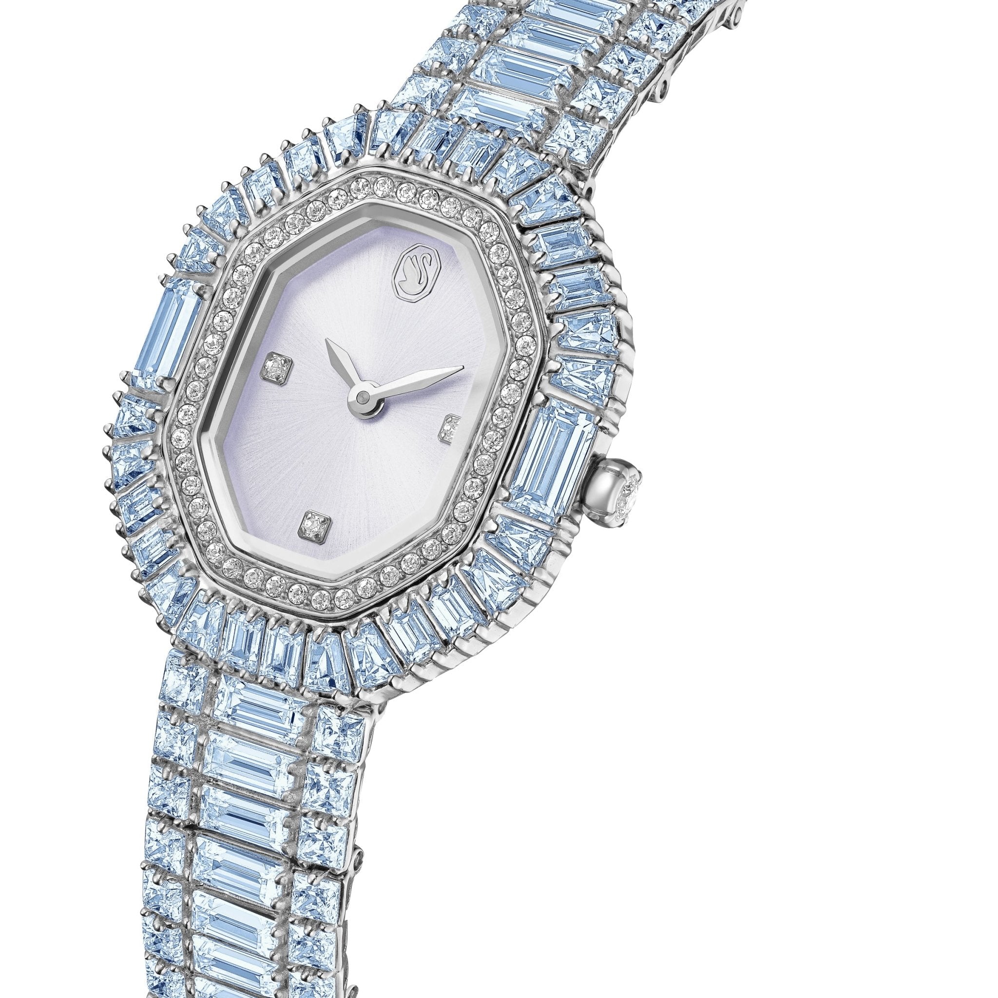 Matrix octagon watch, Baguette cut, Metal bracelet, Blue, Stainless steel -Swarovski