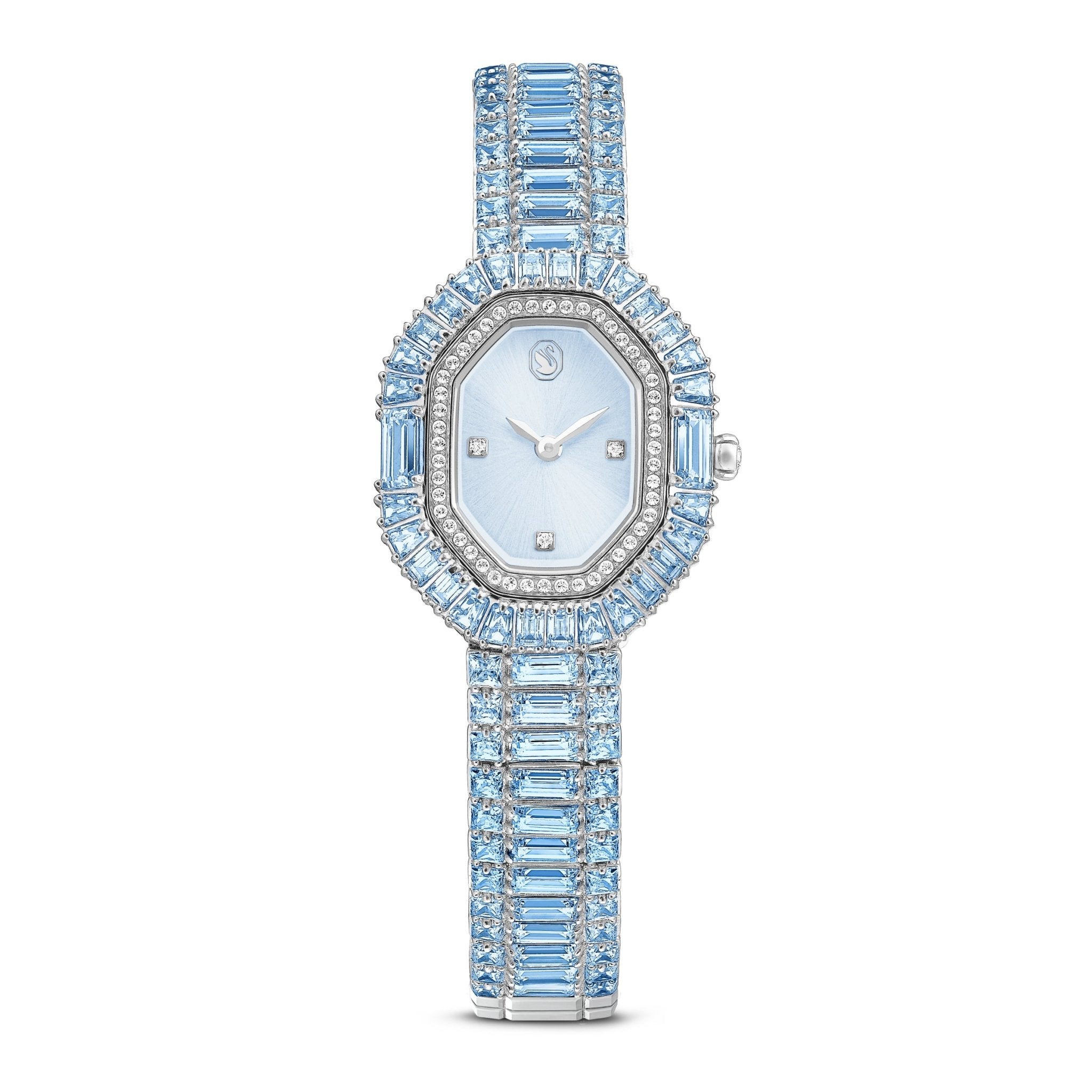 Matrix octagon watch, Baguette cut, Metal bracelet, Blue, Stainless steel -Swarovski