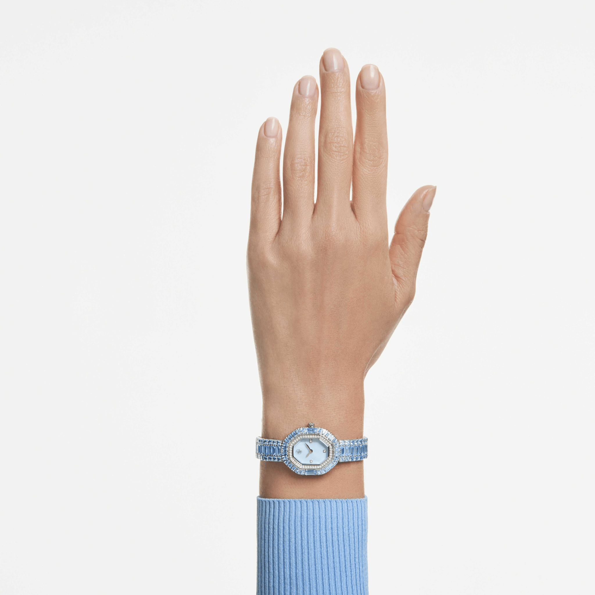Matrix octagon watch, Baguette cut, Metal bracelet, Blue, Stainless steel -Swarovski