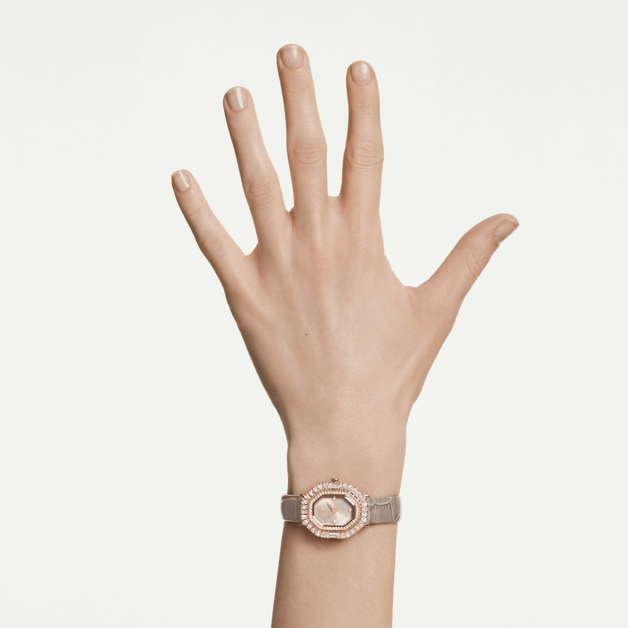Matrix octagon watch, Leather strap, Beige, Rose gold-tone finish -Swarovski