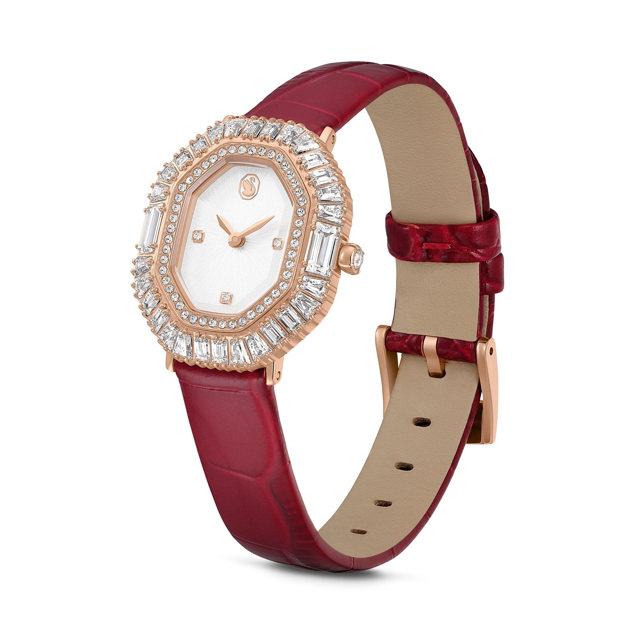 Matrix octagon watch, Leather strap, Rose gold tone, Rose gold-tone finish -Swarovski