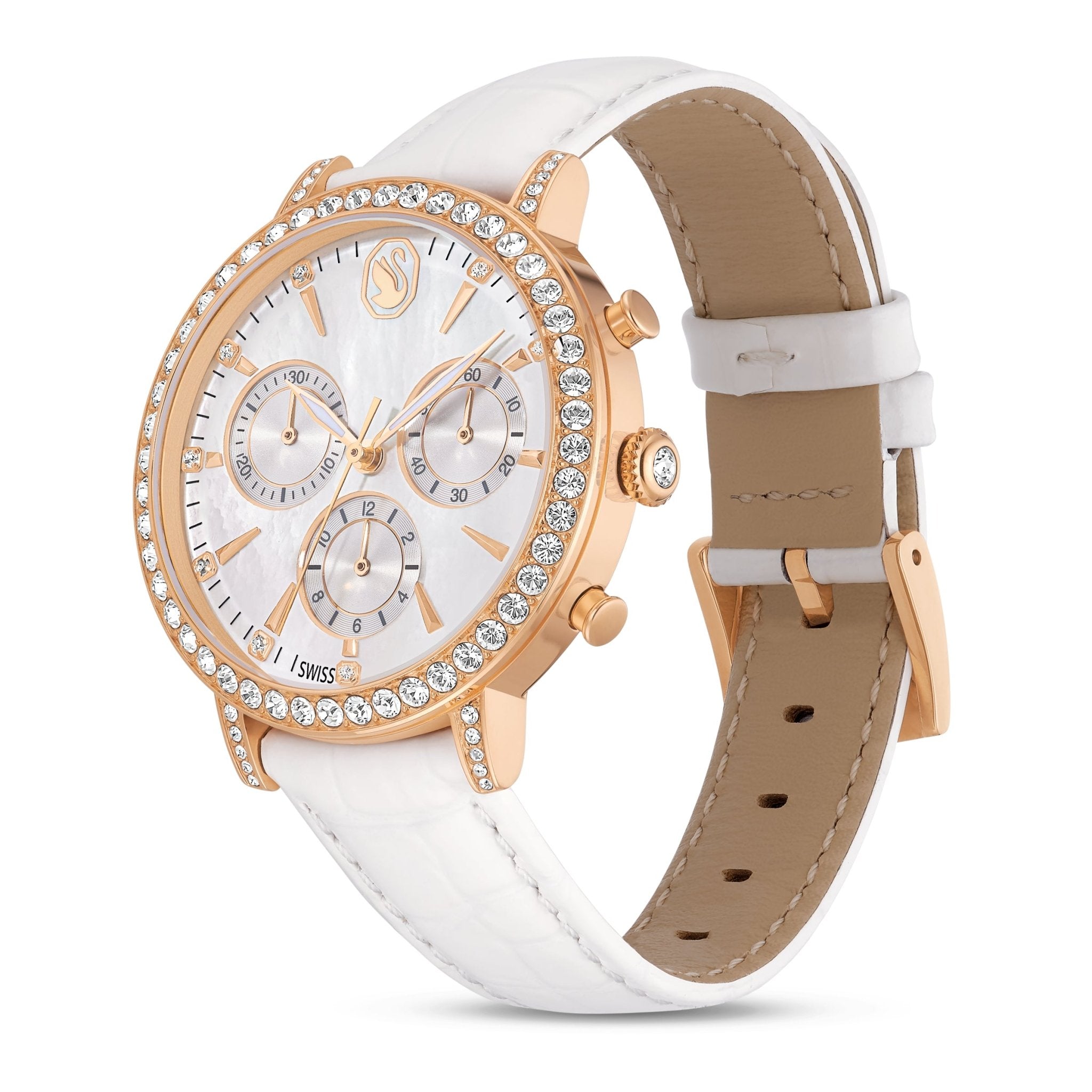 Matrix tennis chrono watch, Swiss Made, Leather strap, Rose gold tone, Rose gold-tone finish -Swarovski