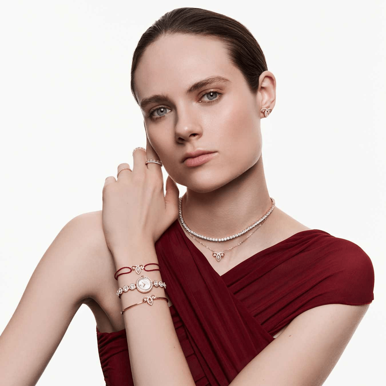 Matrix Tennis necklace, Round cut, White, 18K rose gold finish -Swarovski